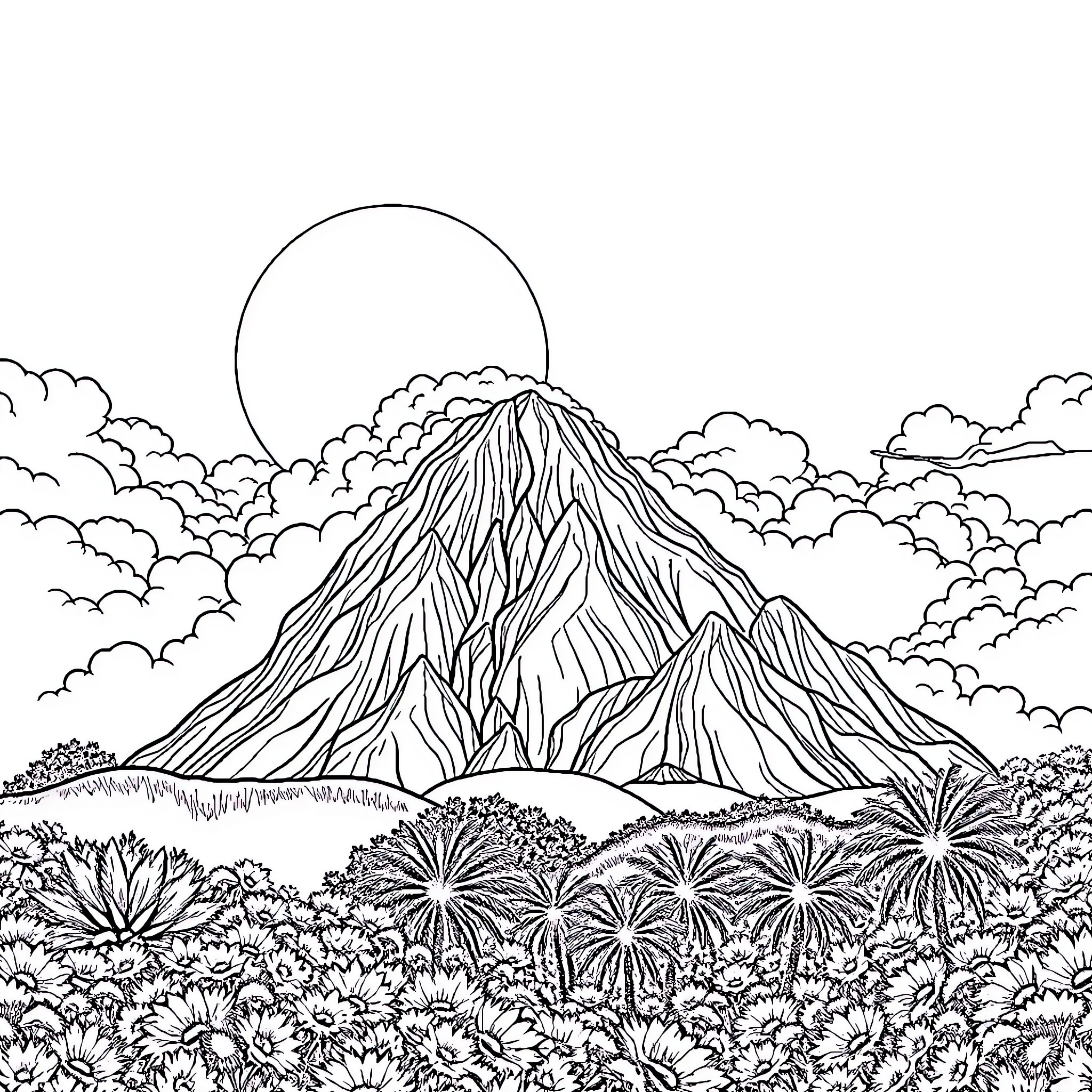 Sun shining over majestic mountains and lush landscape Coloring Page (free black-and-white line drawing printable PDF for all, from beginners to advanced learners, including children, teens, adults, and seniors)