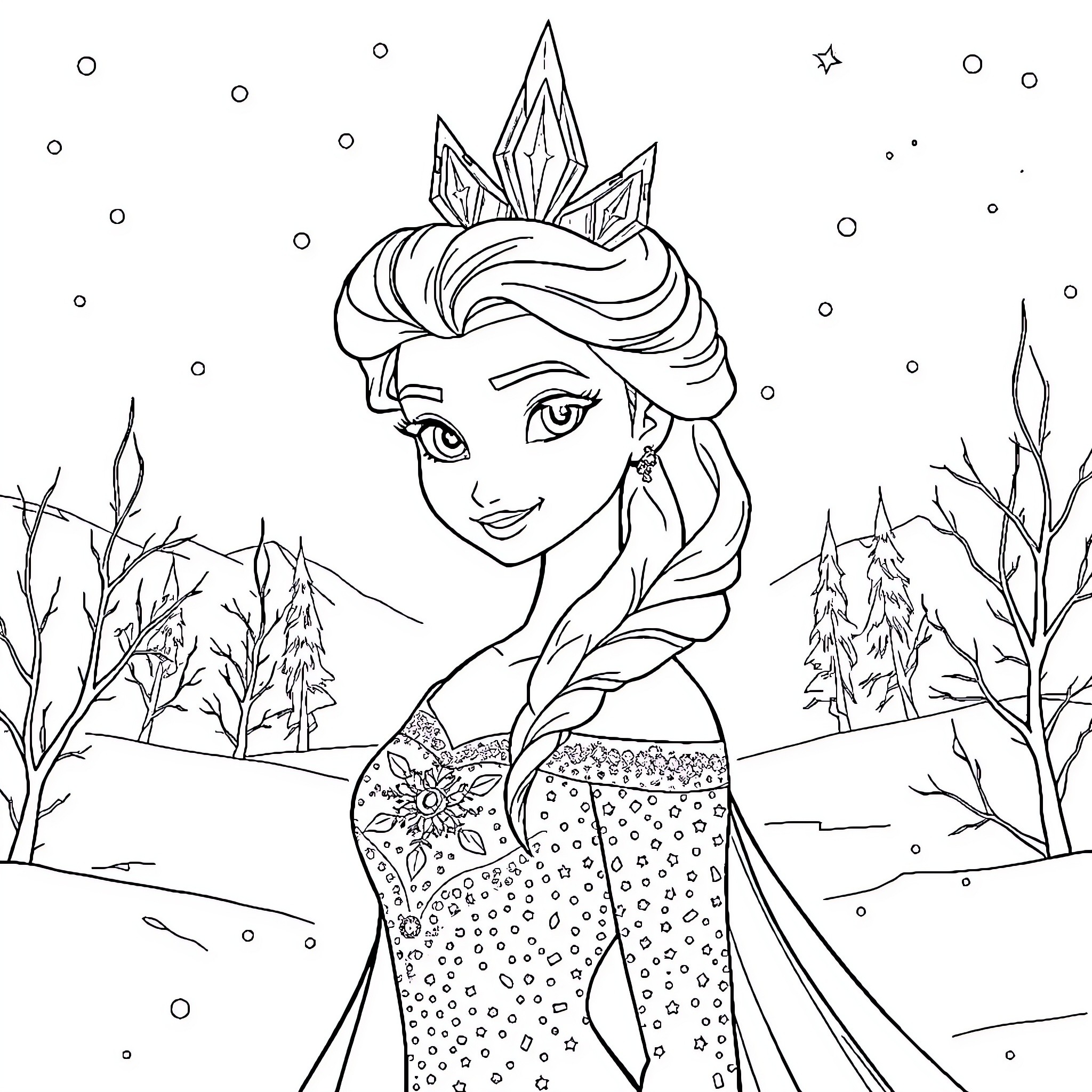 Elsa in her winter wonderland scene Coloring Page (free black-and-white line drawing printable PDF for all, from beginners to advanced learners, including children, teens, adults, and seniors)
