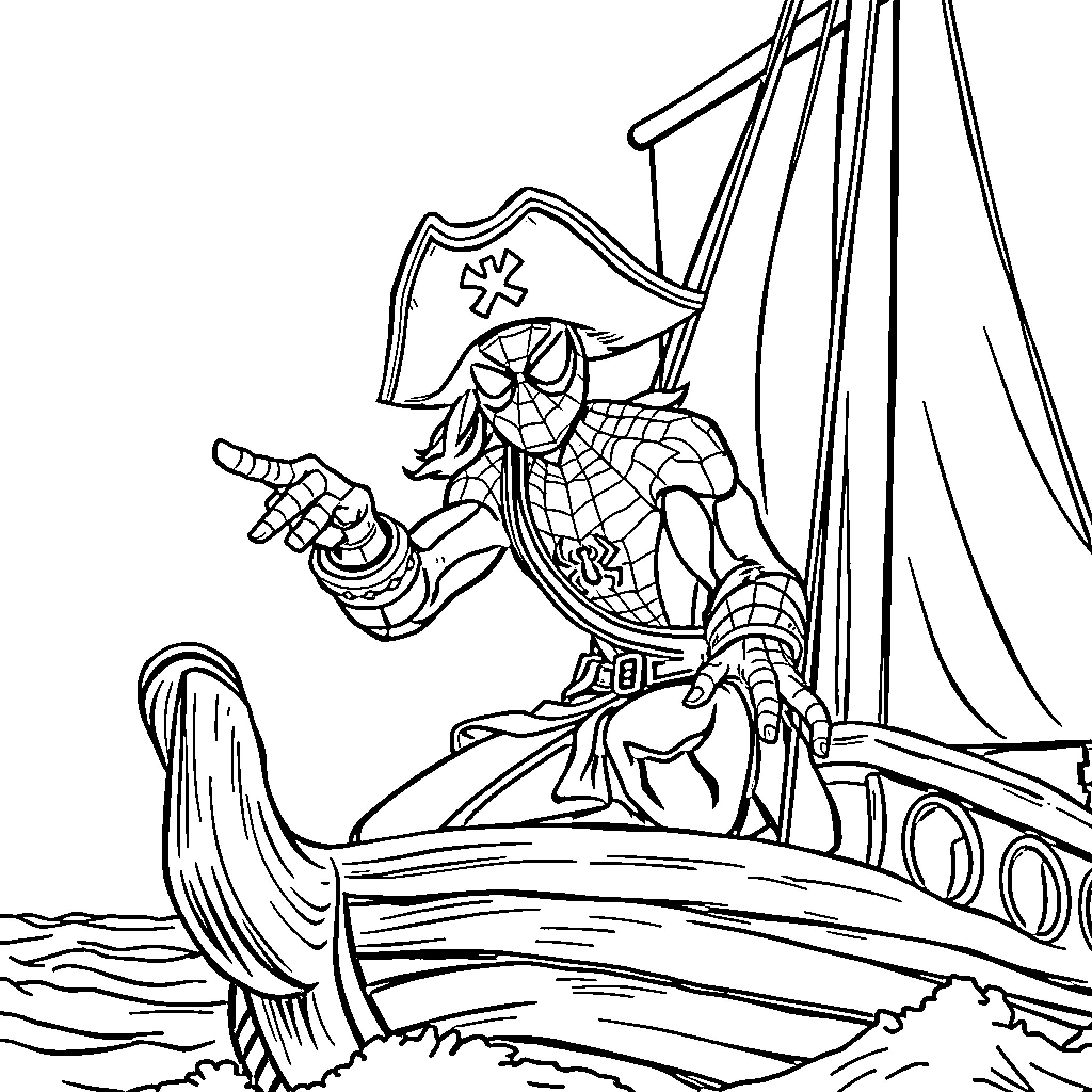 Pirate Spiderman standing on a ship with a flag Coloring Page (free black-and-white line drawing printable PDF for all, from beginners to advanced learners, including children, teens, adults, and seniors)