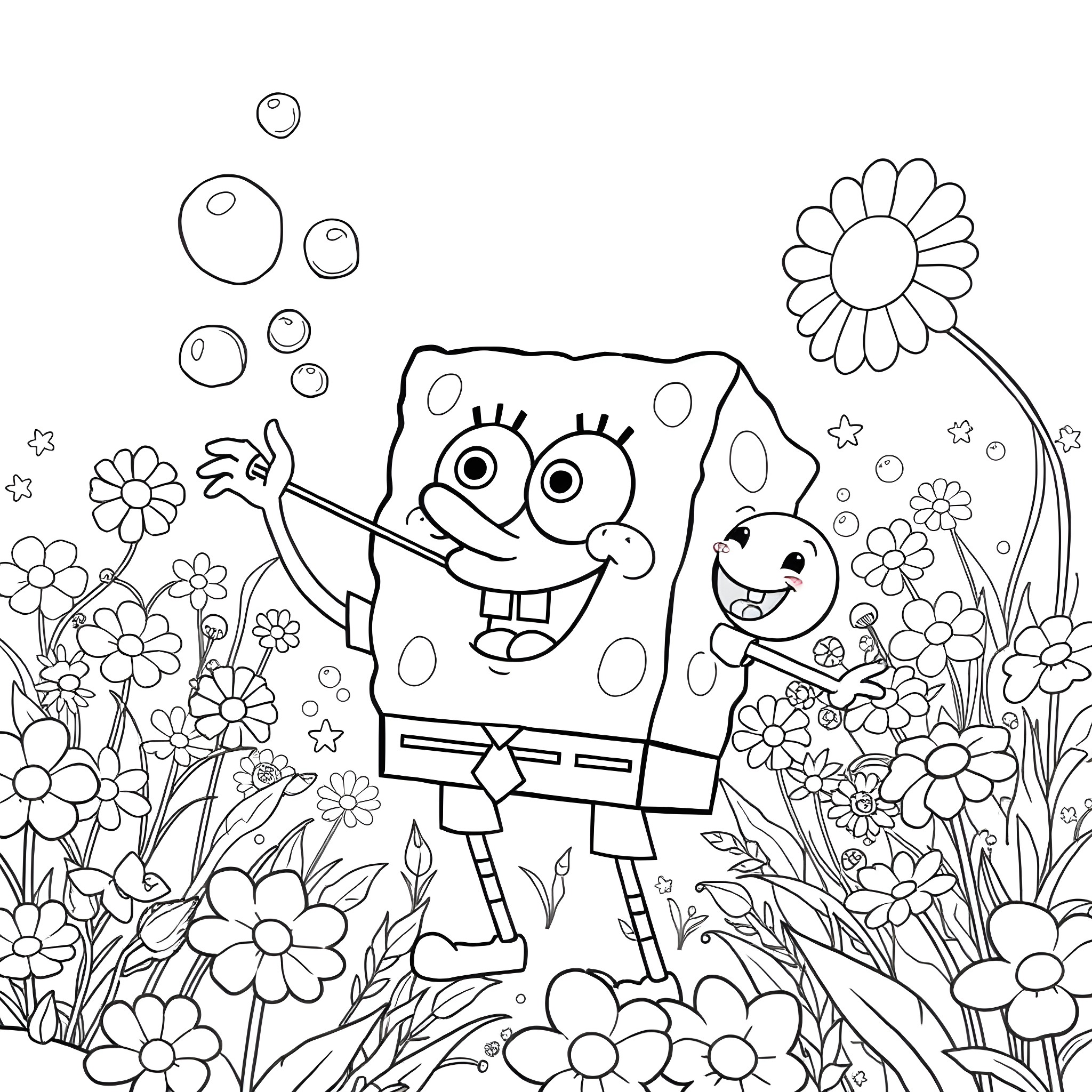 Spongebob enjoys a floral garden with friends Coloring Page (free black-and-white line drawing printable PDF for all, from beginners to advanced learners, including children, teens, adults, and seniors)