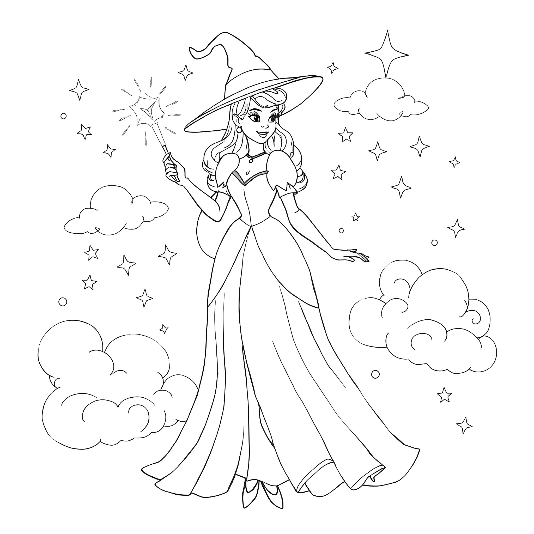 Glinda the Good Witch's Magical Enchantment Coloring Page (free black-and-white line drawing printable PDF for all, from beginners to advanced learners, including children, teens, adults, and seniors)