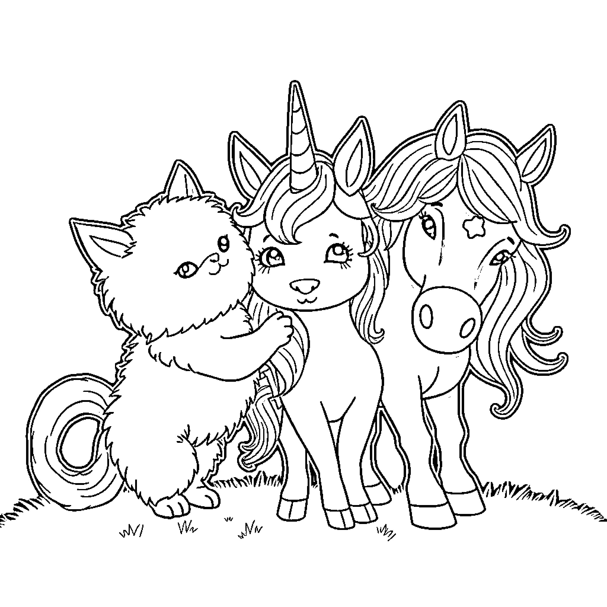 Cat and Unicorns Playing Together Coloring Page (free black-and-white line drawing printable PDF for all, from beginners to advanced learners, including children, teens, adults, and seniors)