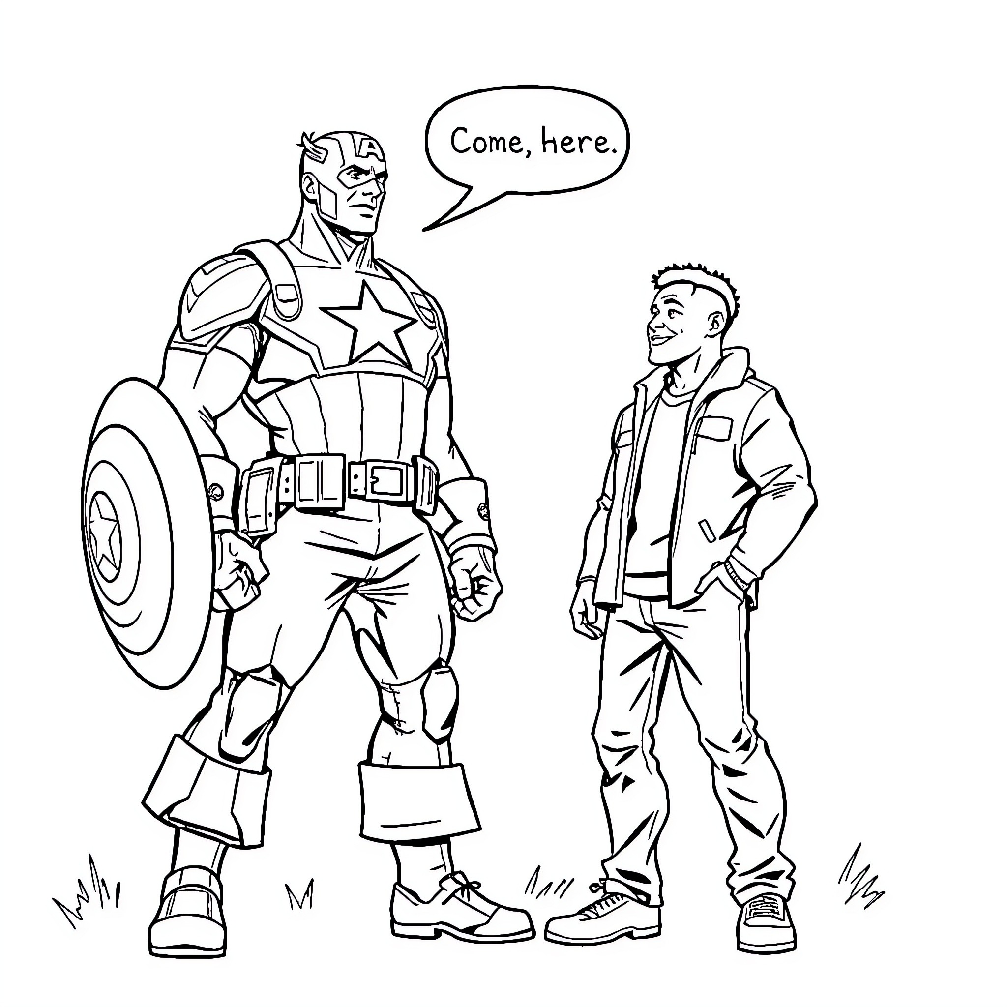 Captain America summoning a young person to join him Coloring Page (free black-and-white line drawing printable PDF for all, from beginners to advanced learners, including children, teens, adults, and seniors)