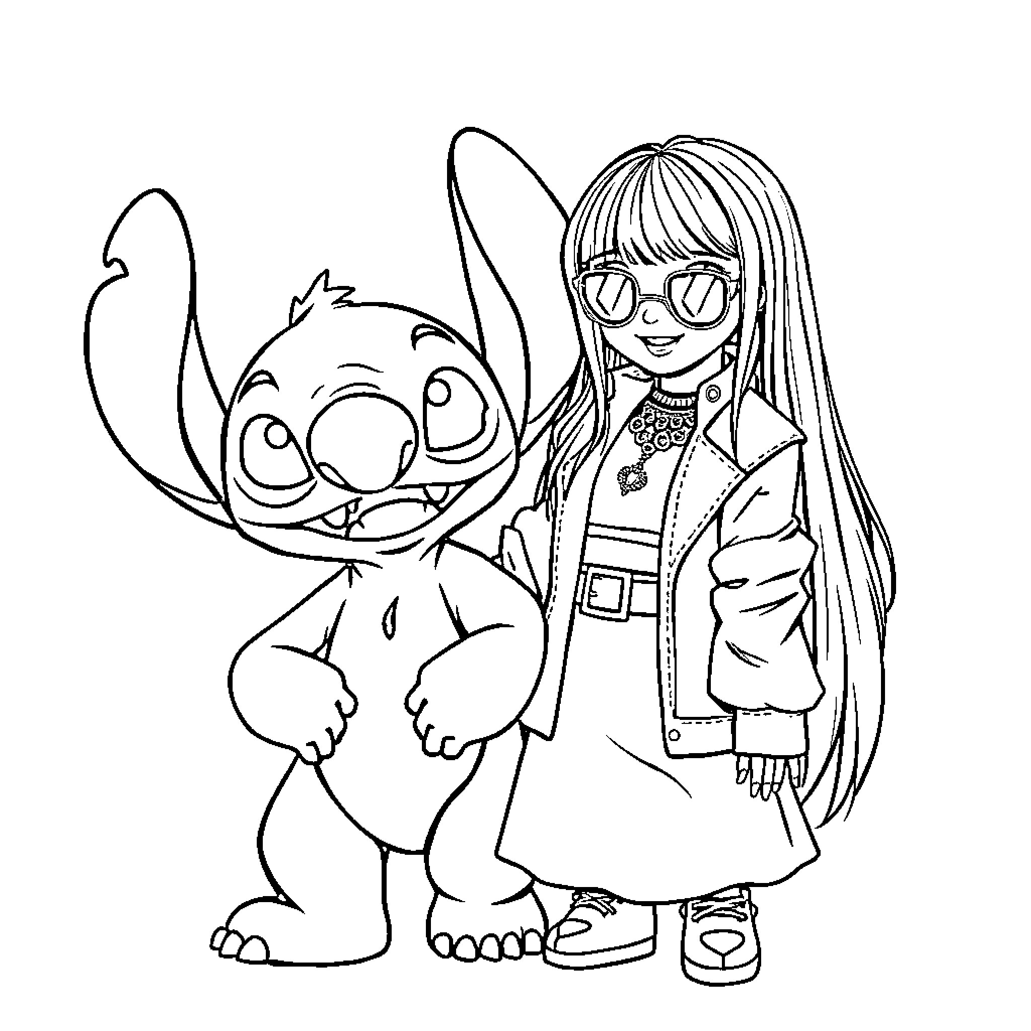 Stitch and Girl in Colorful Outfits Coloring Page (free black-and-white line drawing printable PDF for all, from beginners to advanced learners, including children, teens, adults, and seniors)