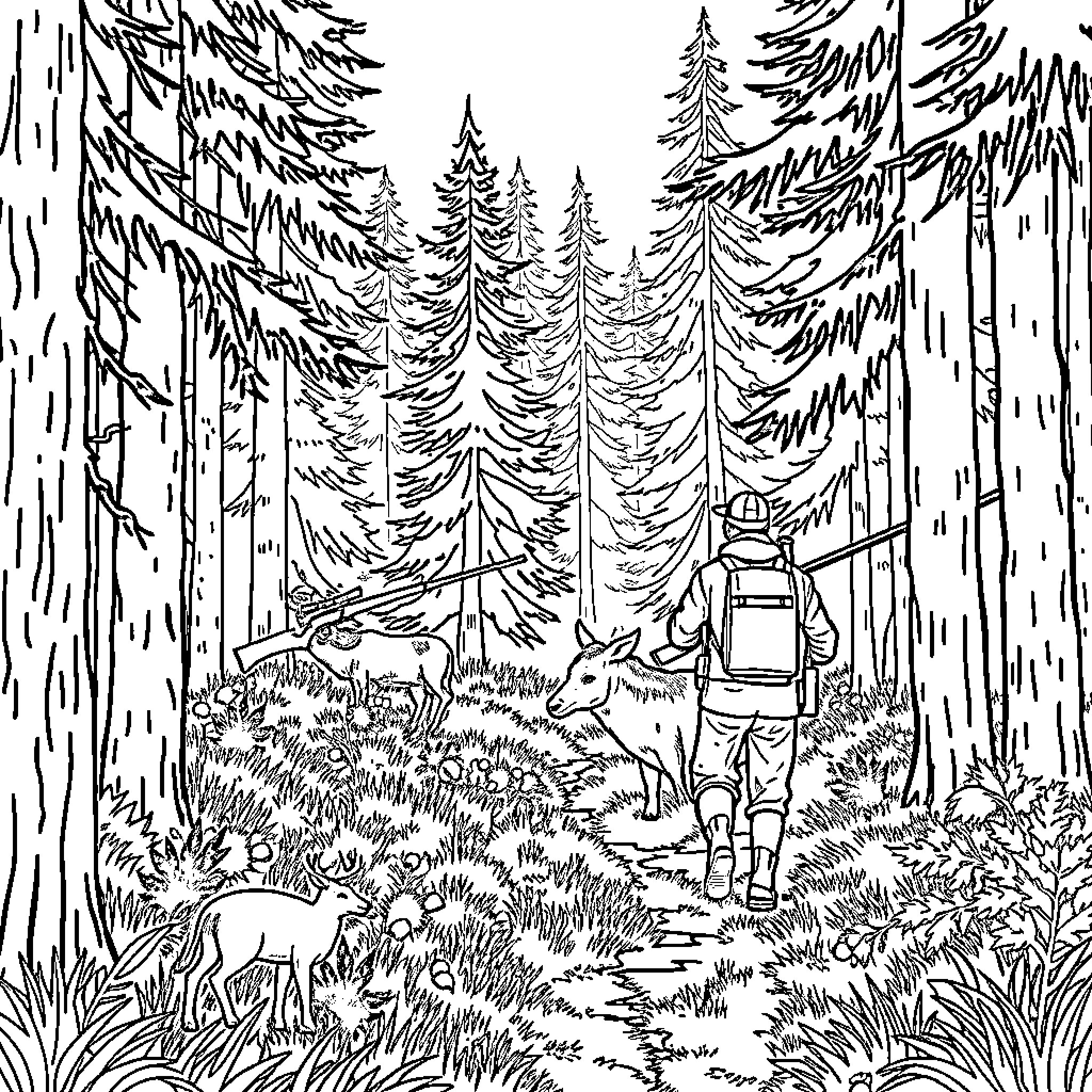 Hunting in the Wilderness Forest Coloring Page (free black-and-white line drawing printable PDF for all, from beginners to advanced learners, including children, teens, adults, and seniors)