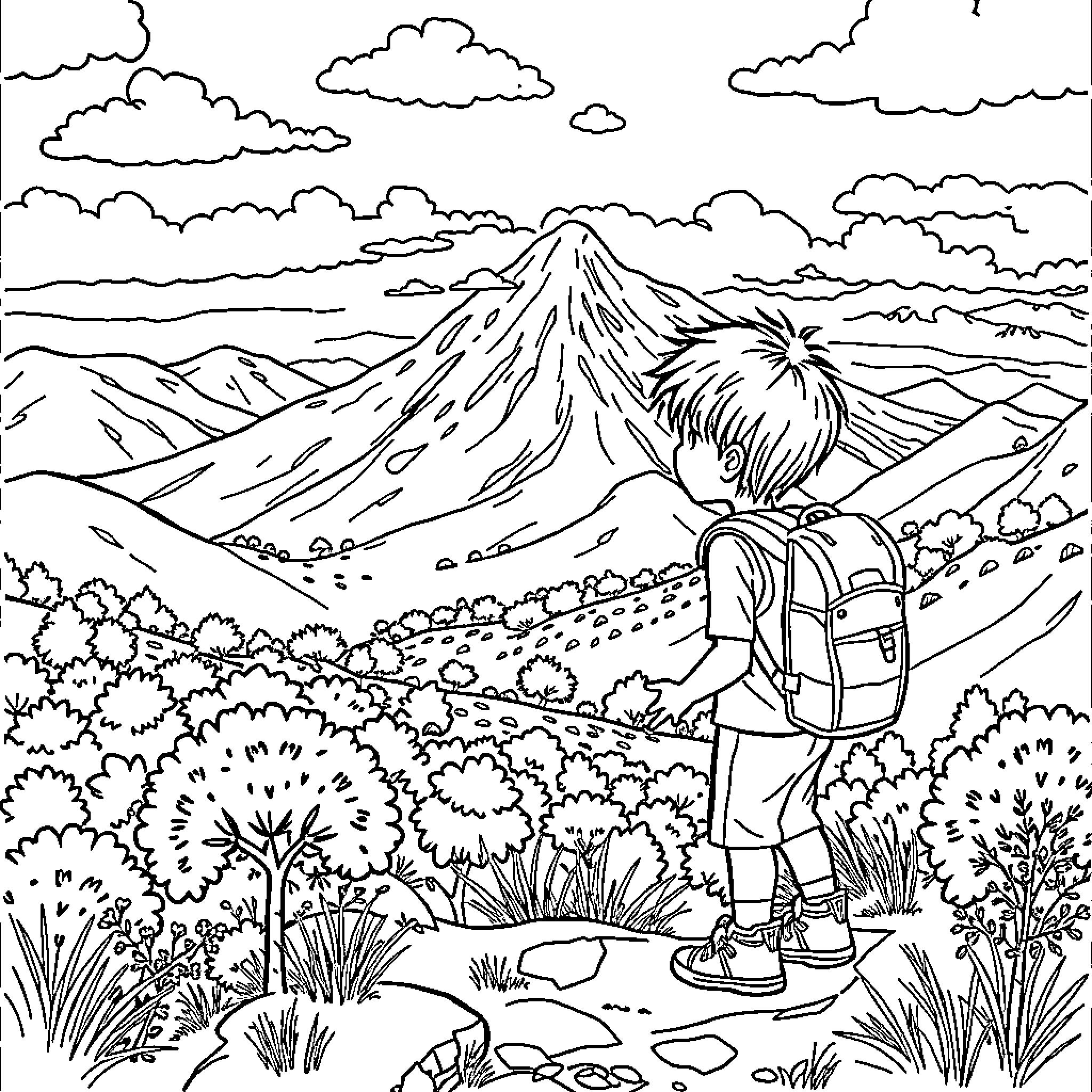Niño exploring the majestic mountainous landscape Coloring Page (free black-and-white line drawing printable PDF for all, from beginners to advanced learners, including children, teens, adults, and seniors)