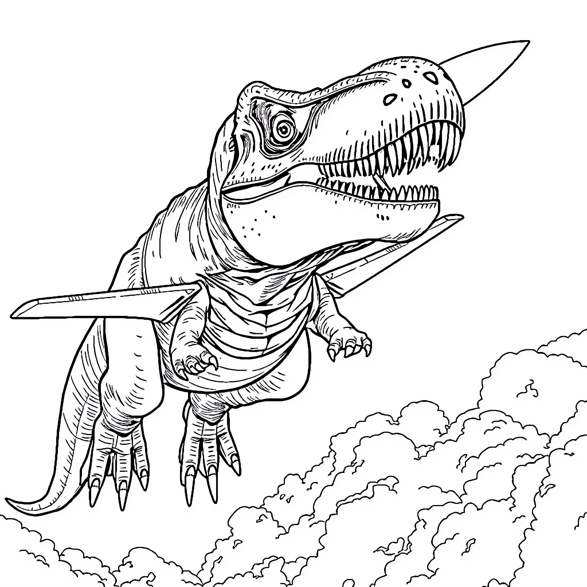 Tyrannosaurus roaring in the sky with clouds Coloring Page (free black-and-white line drawing printable PDF for all, from beginners to advanced learners, including children, teens, adults, and seniors)