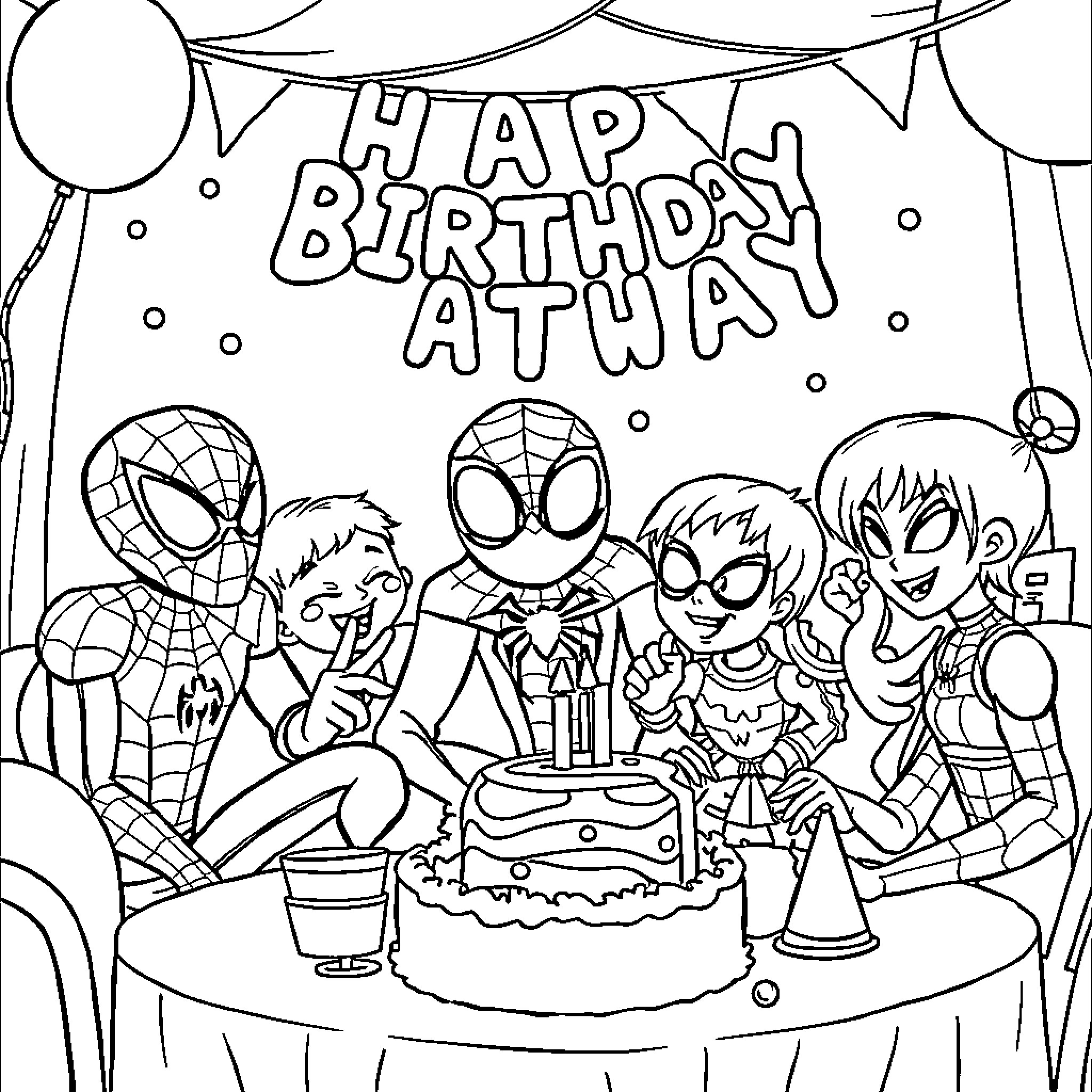 Spider-Friends celebrate a Happy Birthday Coloring Page (free black-and-white line drawing printable PDF for all, from beginners to advanced learners, including children, teens, adults, and seniors)