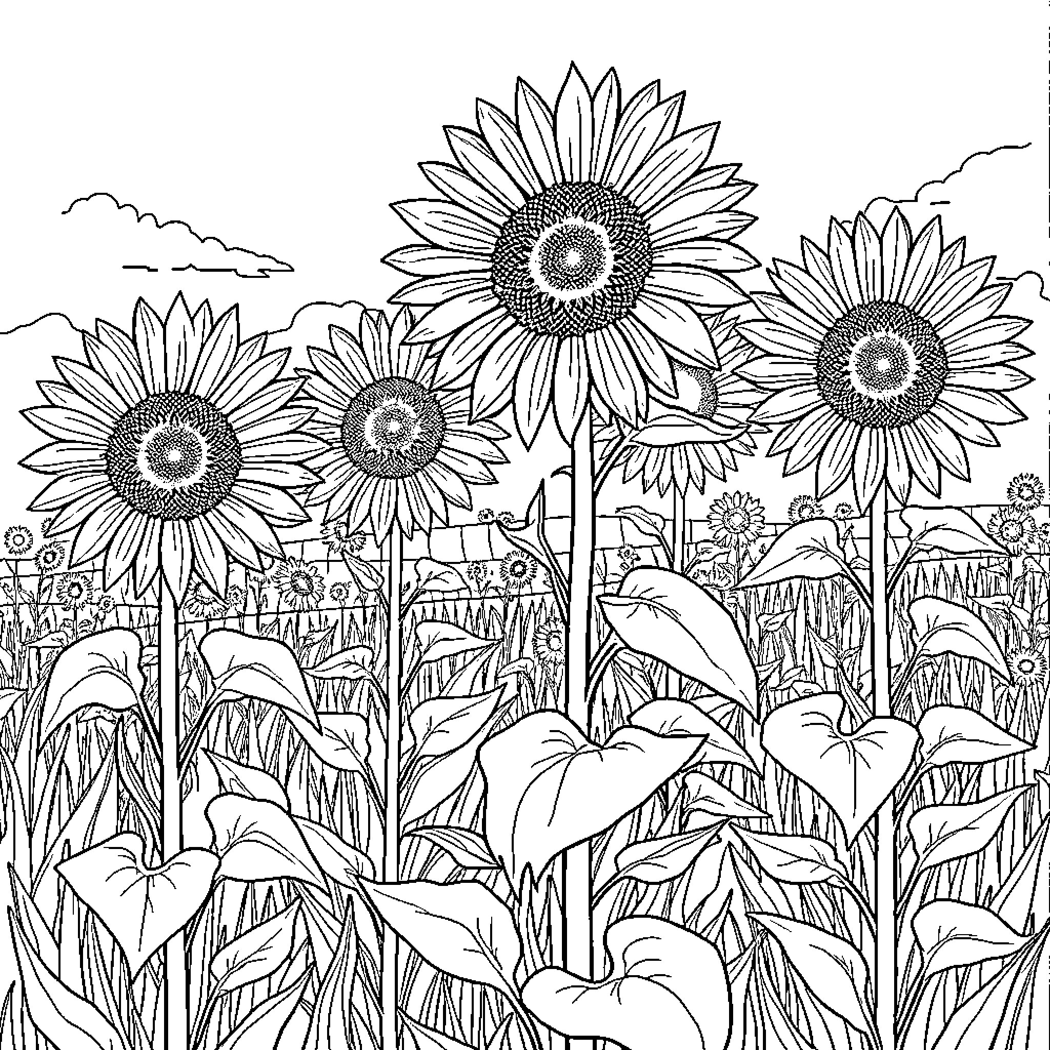 Sunflower garden in a serene natural setting Coloring Page (free black-and-white line drawing printable PDF for all, from beginners to advanced learners, including children, teens, adults, and seniors)