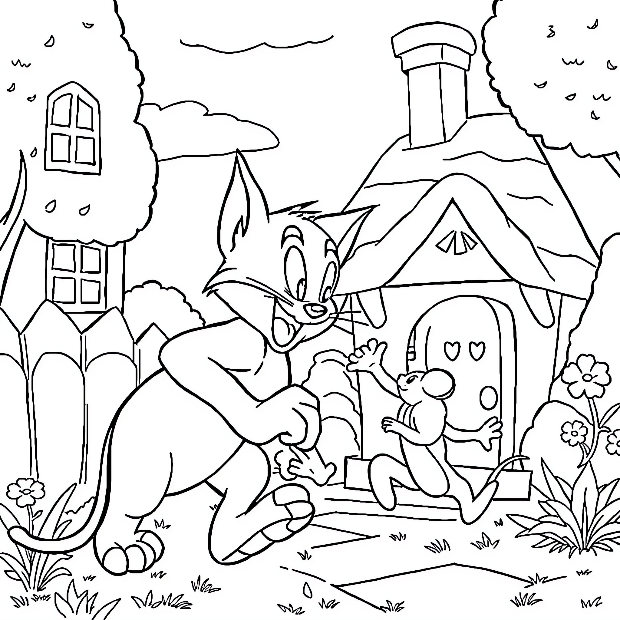 Tom and Jerry's Mischievous Encounter Coloring Page (free black-and-white line drawing printable PDF for all, from beginners to advanced learners, including children, teens, adults, and seniors)