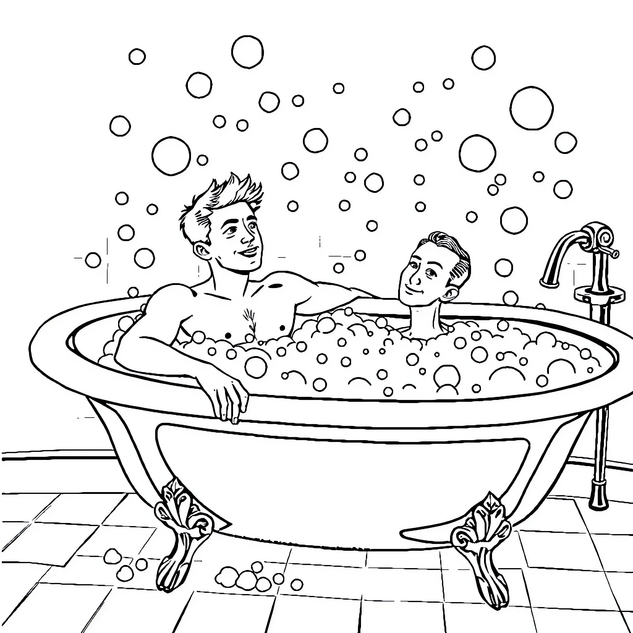 Man enjoying bubbly bath with another man Coloring Page (free black-and-white line drawing printable PDF for all, from beginners to advanced learners, including children, teens, adults, and seniors)