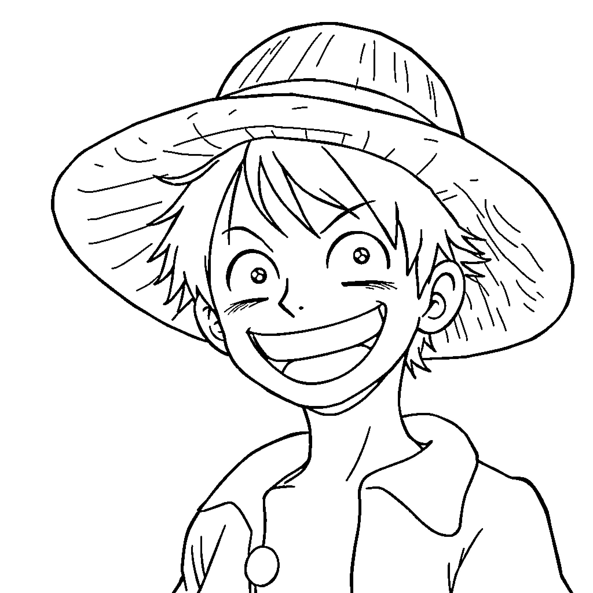 Luffy's Adventurous Smile Coloring Page (free black-and-white line drawing printable PDF for all, from beginners to advanced learners, including children, teens, adults, and seniors)