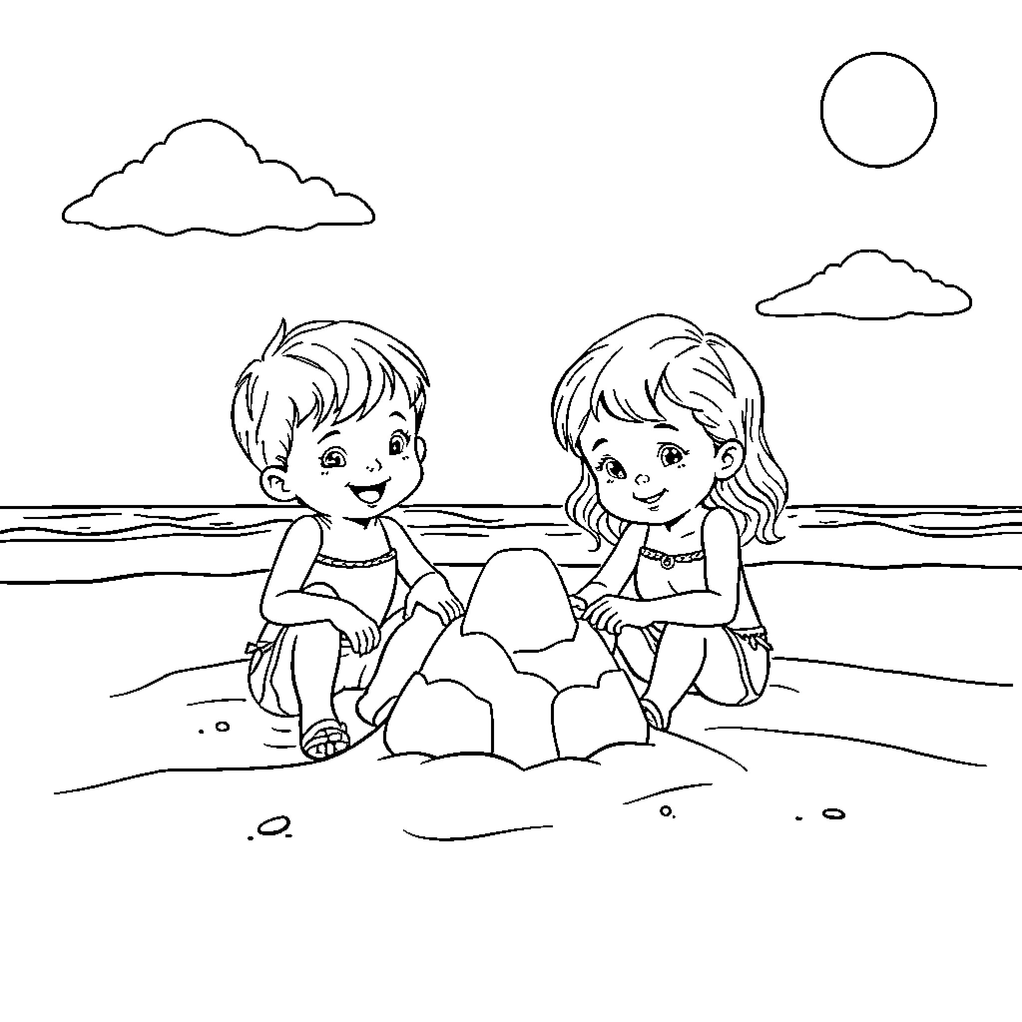 Nina and her friend playing on the beach Coloring Page (free black-and-white line drawing printable PDF for all, from beginners to advanced learners, including children, teens, adults, and seniors)