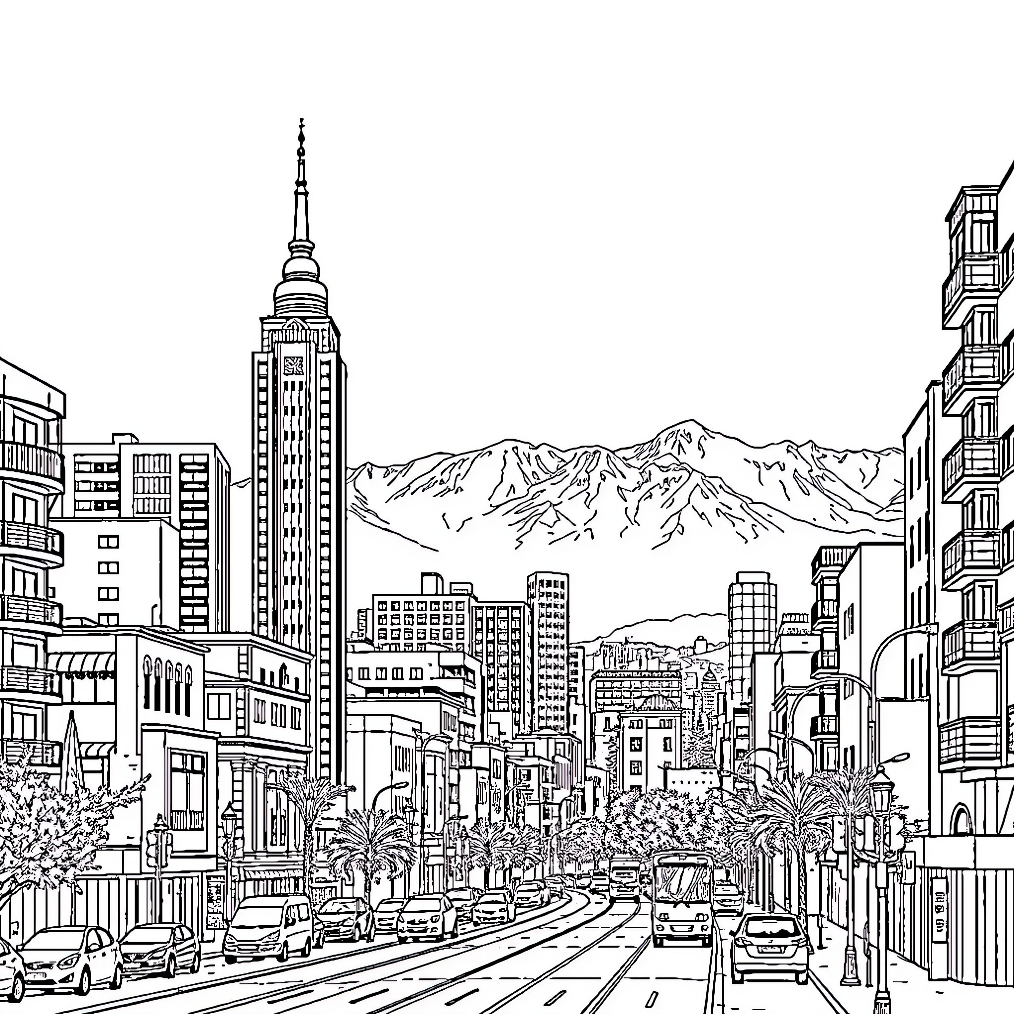Santiago cityscapes with mountains in the background Coloring Page (free black-and-white line drawing printable PDF for all, from beginners to advanced learners, including children, teens, adults, and seniors)