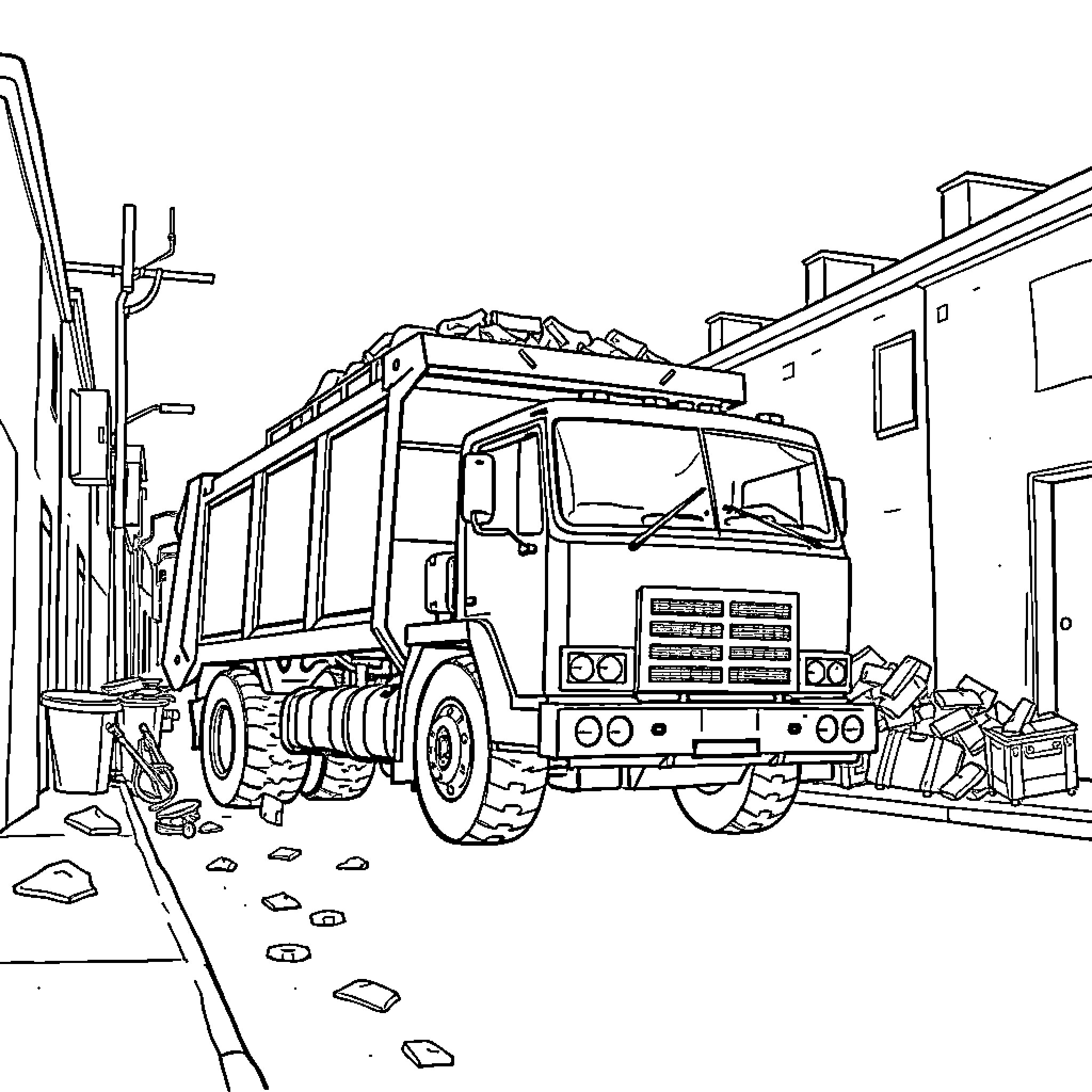 Garbage Truck Collecting Waste in the City Coloring Page (free black-and-white line drawing printable PDF for all, from beginners to advanced learners, including children, teens, adults, and seniors)