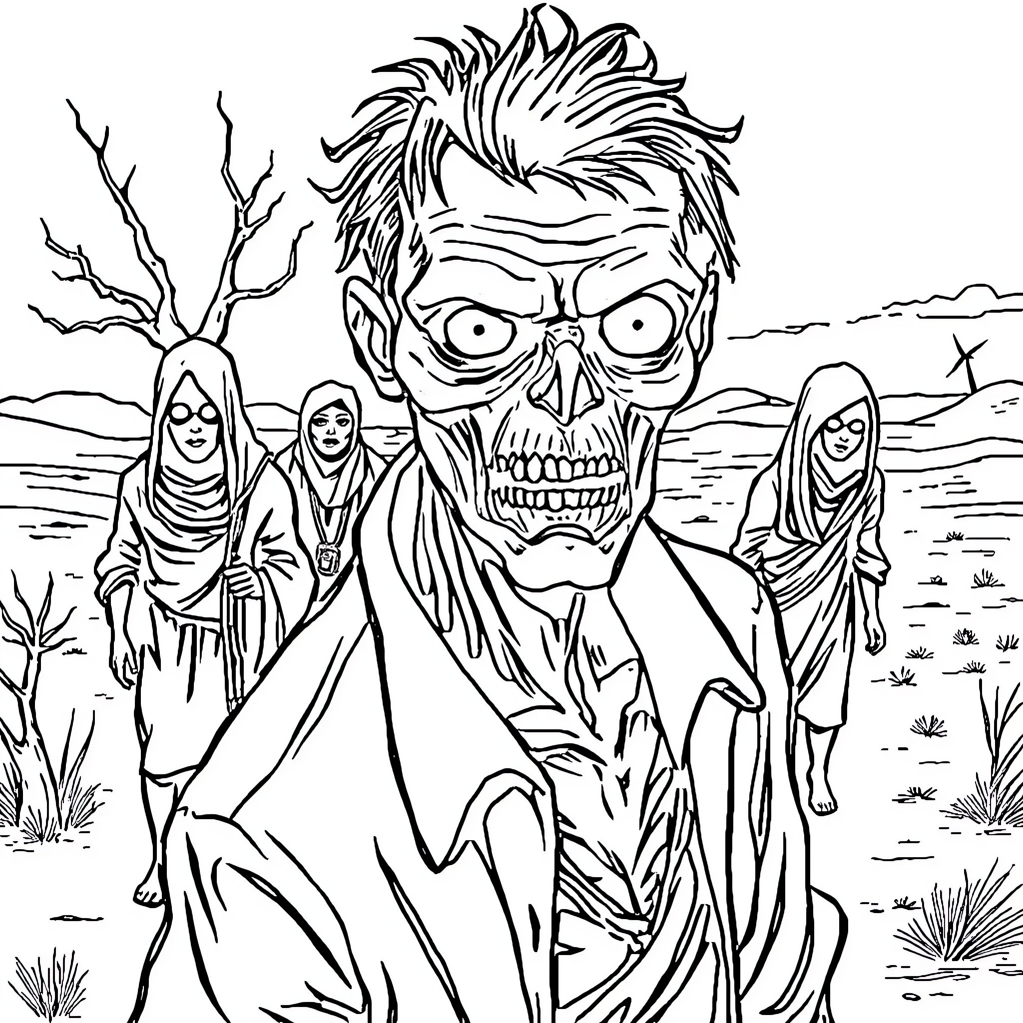 Zombie Apocalypse in the Desert Wasteland Coloring Page (free black-and-white line drawing printable PDF for all, from beginners to advanced learners, including children, teens, adults, and seniors)