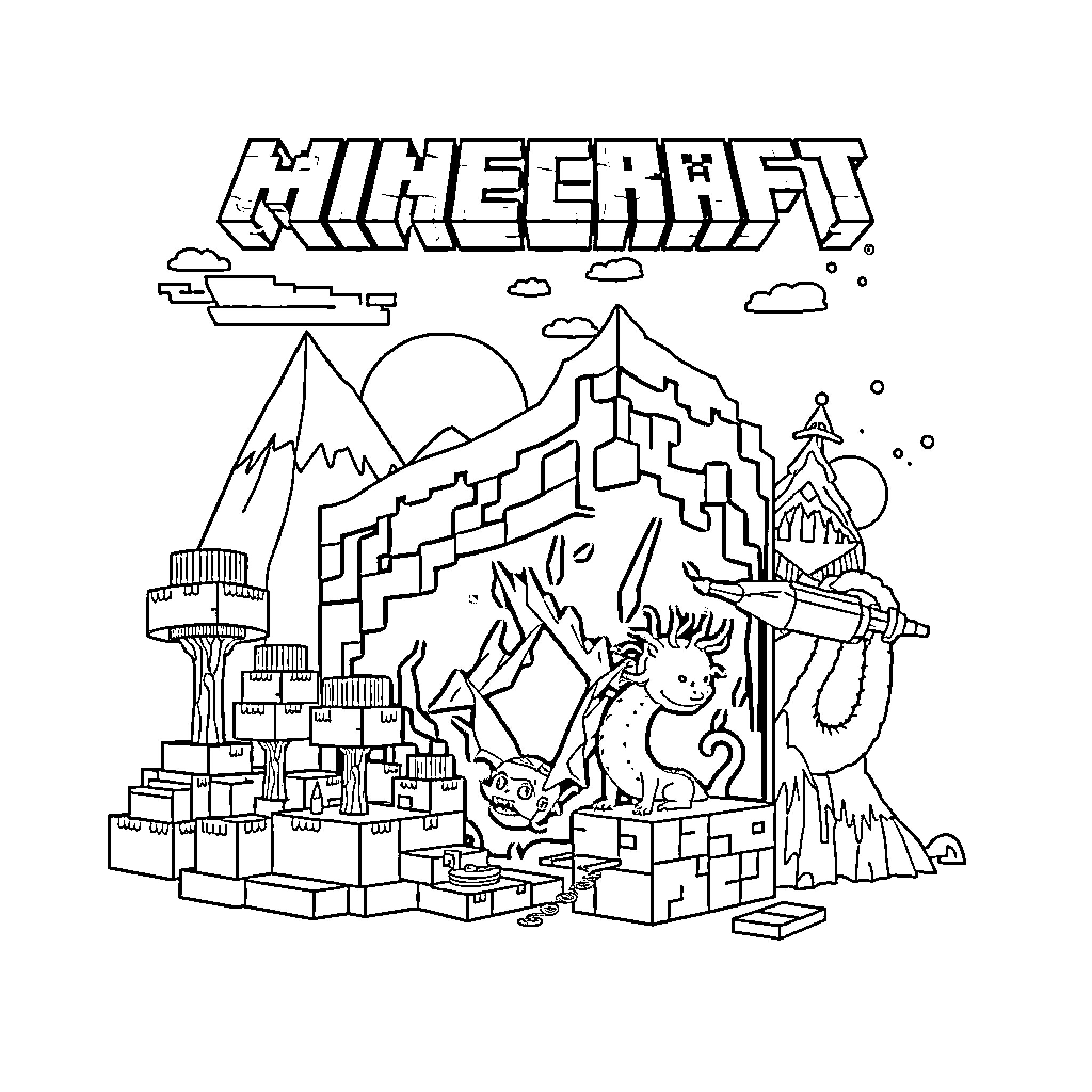 Minecraft landscape with fantastical structures and creatures Coloring Page (free black-and-white line drawing printable PDF for all, from beginners to advanced learners, including children, teens, adults, and seniors)