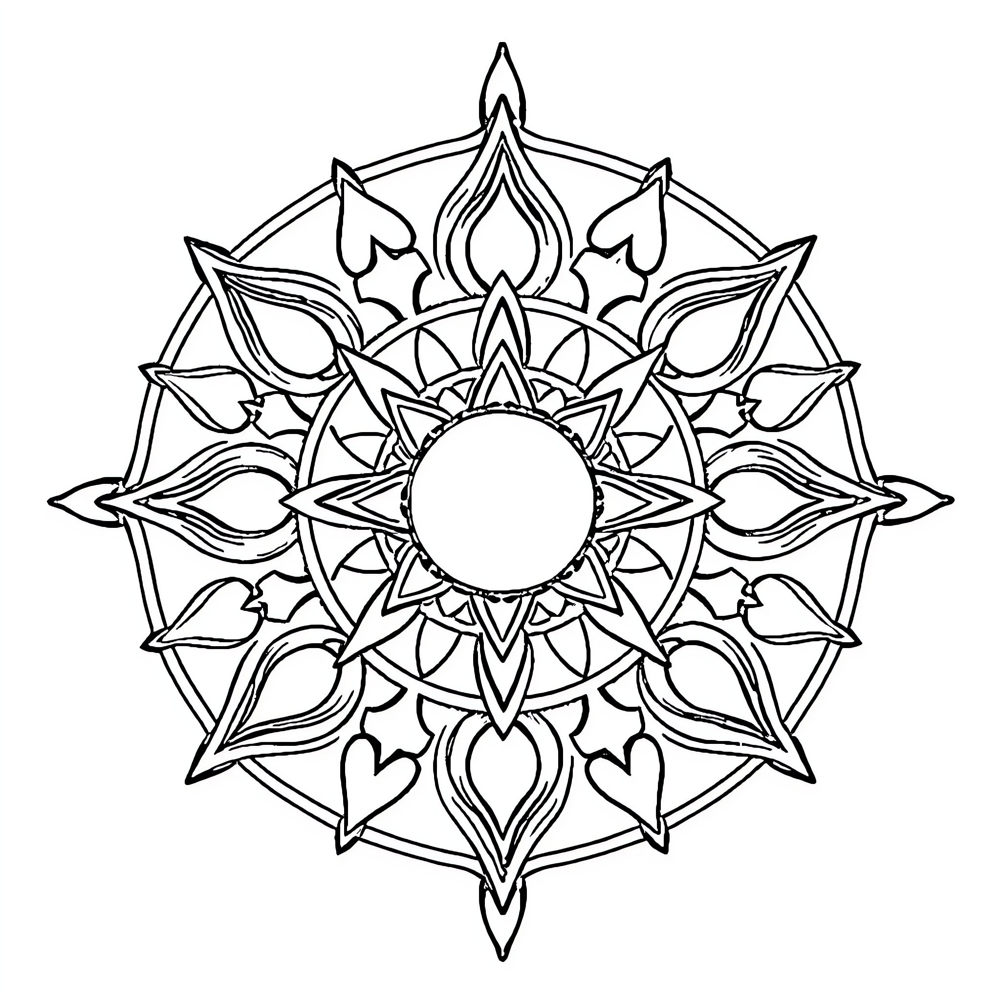 Chakra Mandala with Intricate Geometric Patterns Coloring Page (free black-and-white line drawing printable PDF for all, from beginners to advanced learners, including children, teens, adults, and seniors)