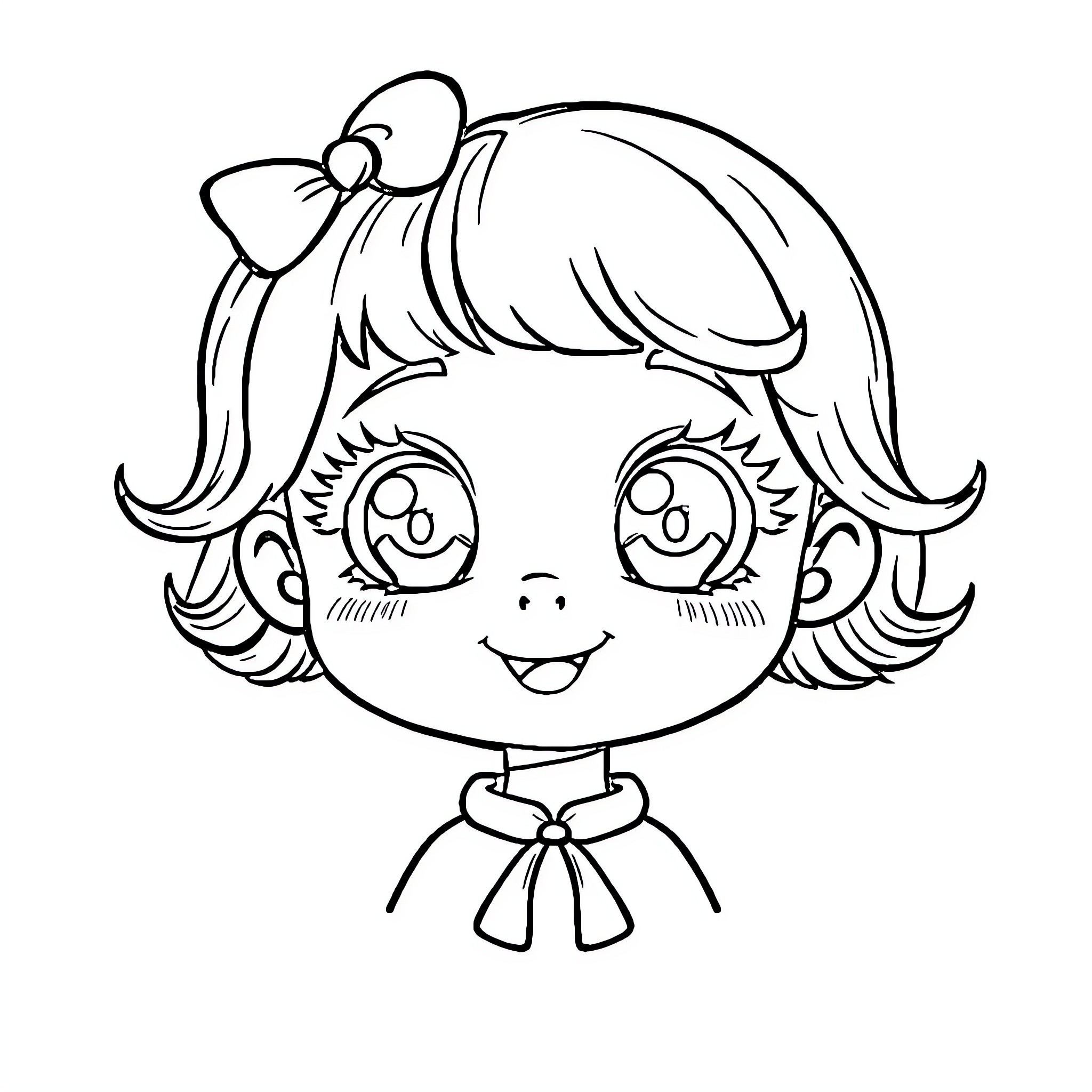 Girl with a Bow and Smiling Expression Coloring Page (free black-and-white line drawing printable PDF for all, from beginners to advanced learners, including children, teens, adults, and seniors)