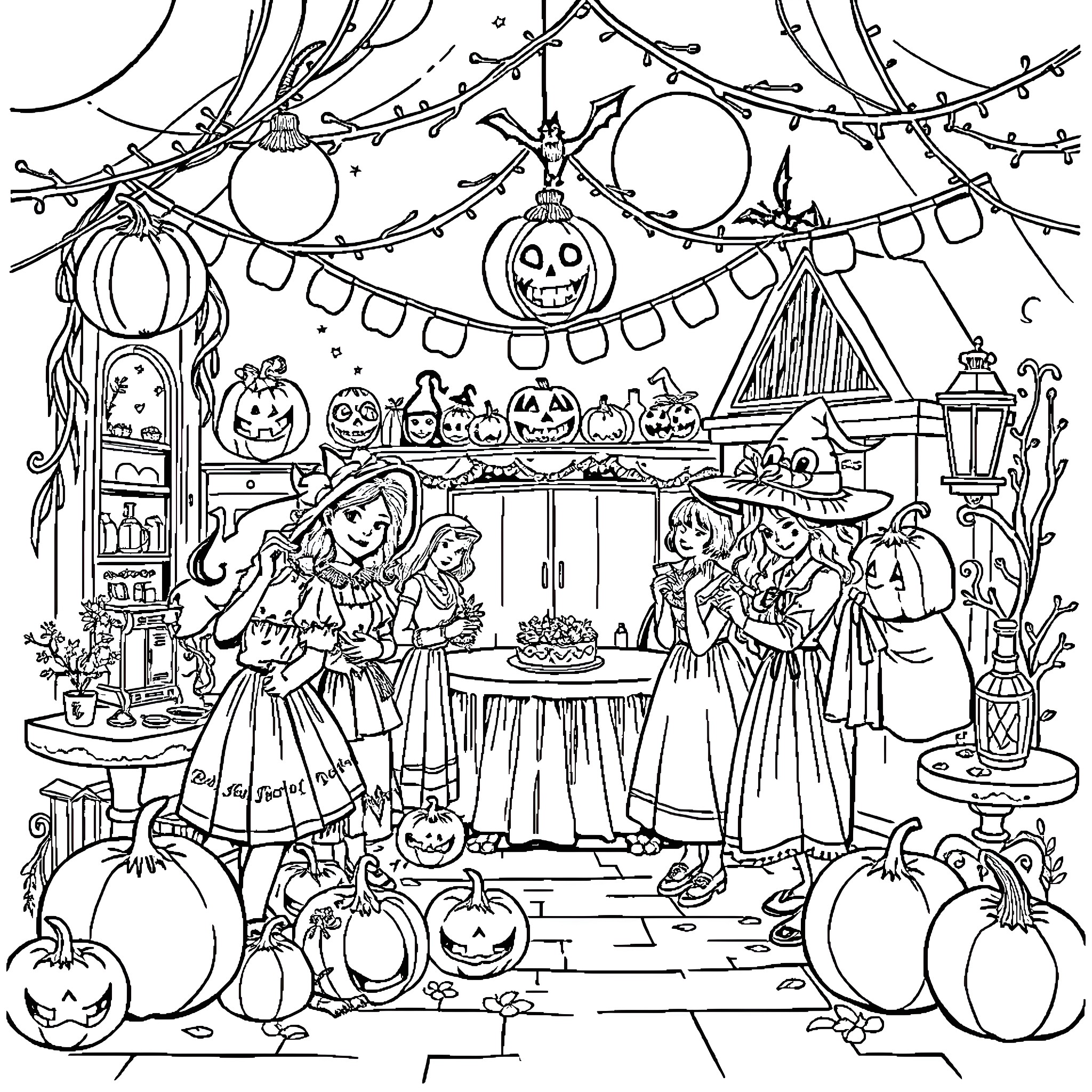 Halloween Celebration with Costumed Children and Decorations Coloring Page (free black-and-white line drawing printable PDF for all, from beginners to advanced learners, including children, teens, adults, and seniors)
