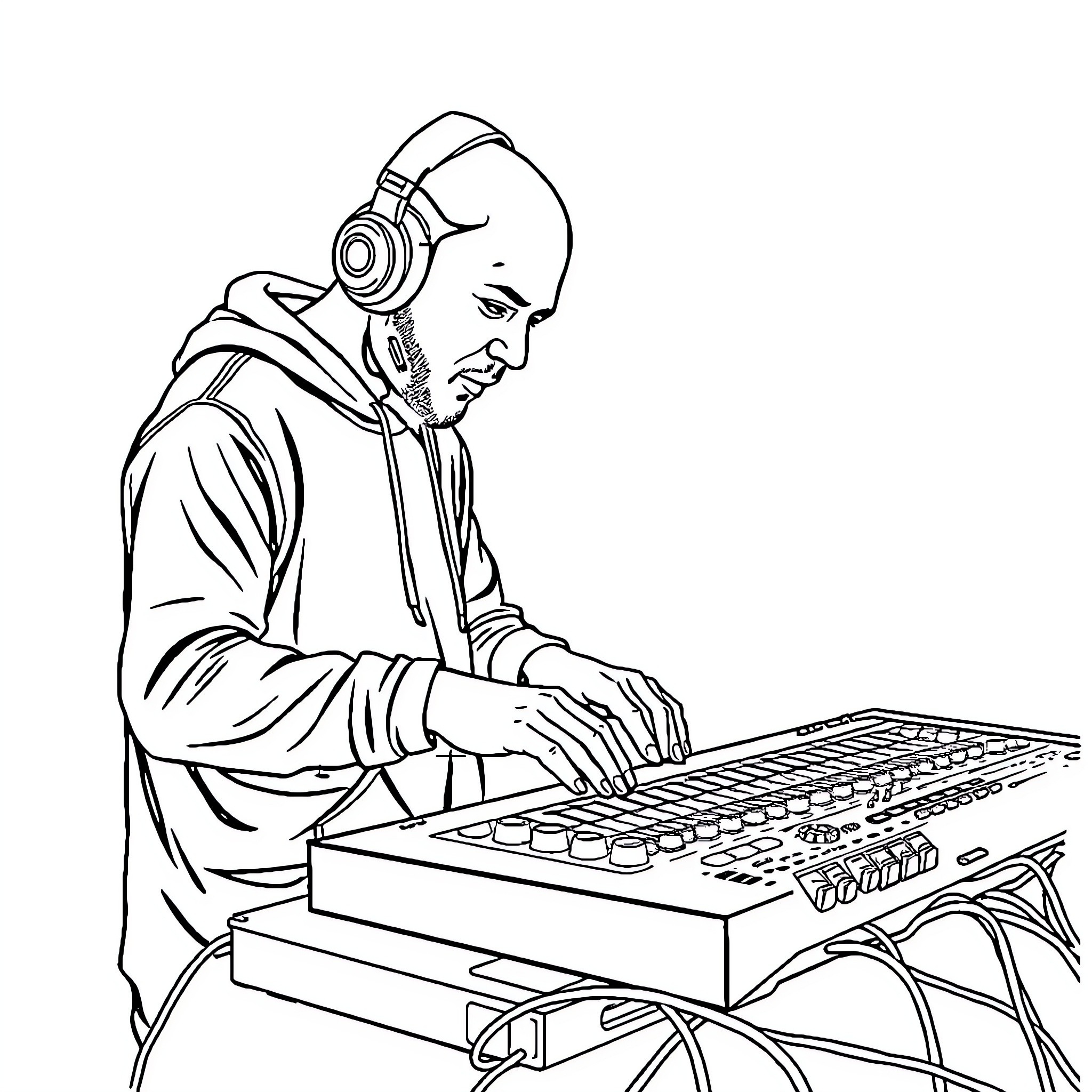 Beatmaker mixing music on a sound console Coloring Page (free black-and-white line drawing printable PDF for all, from beginners to advanced learners, including children, teens, adults, and seniors)