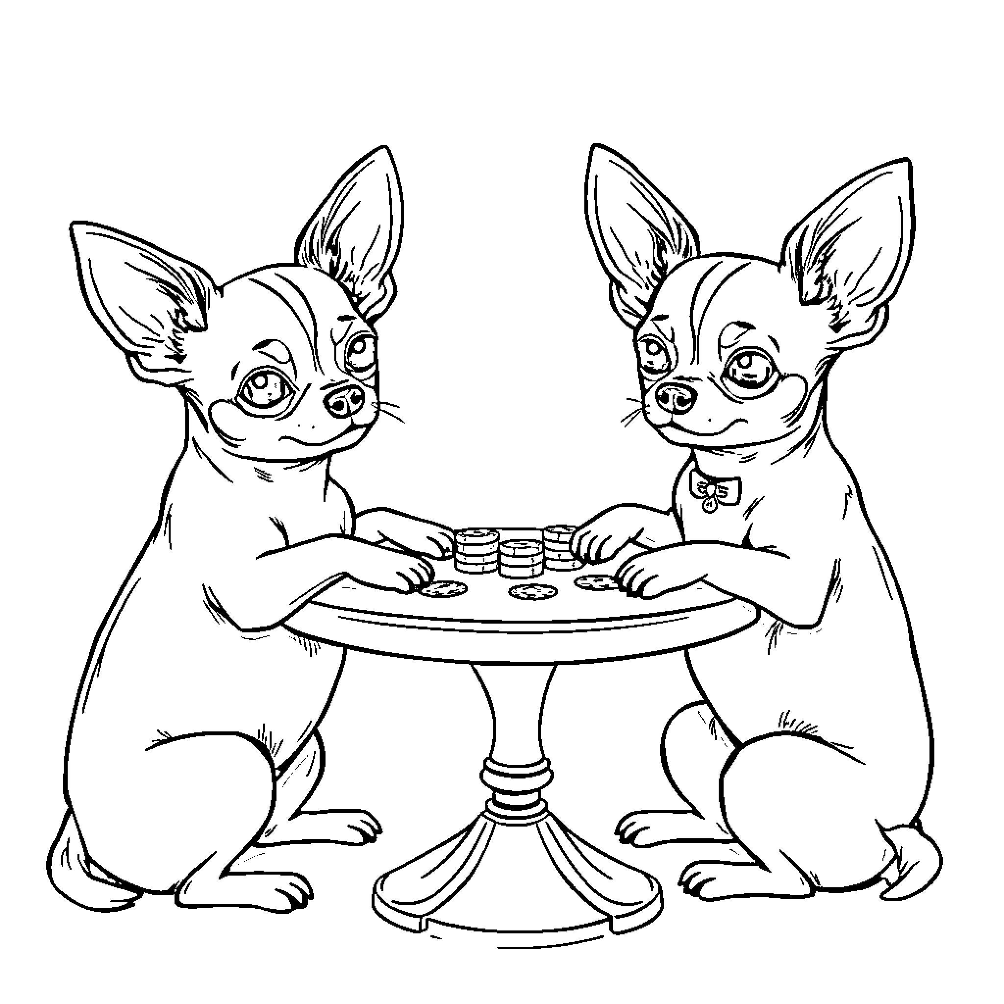 Chihuahuas enjoying tea party Coloring Page (free black-and-white line drawing printable PDF for all, from beginners to advanced learners, including children, teens, adults, and seniors)