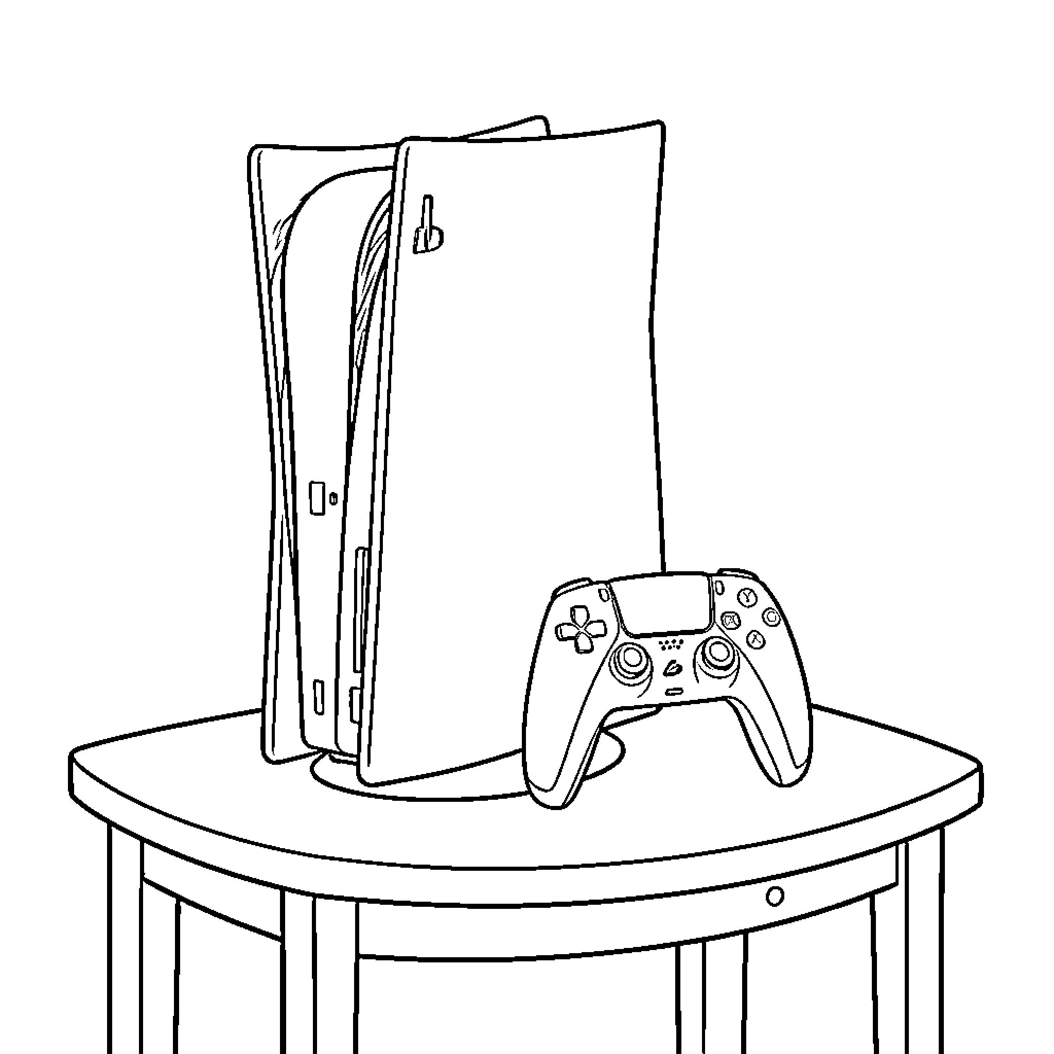 PS5 console and controller resting on a small table Coloring Page (free black-and-white line drawing printable PDF for all, from beginners to advanced learners, including children, teens, adults, and seniors)