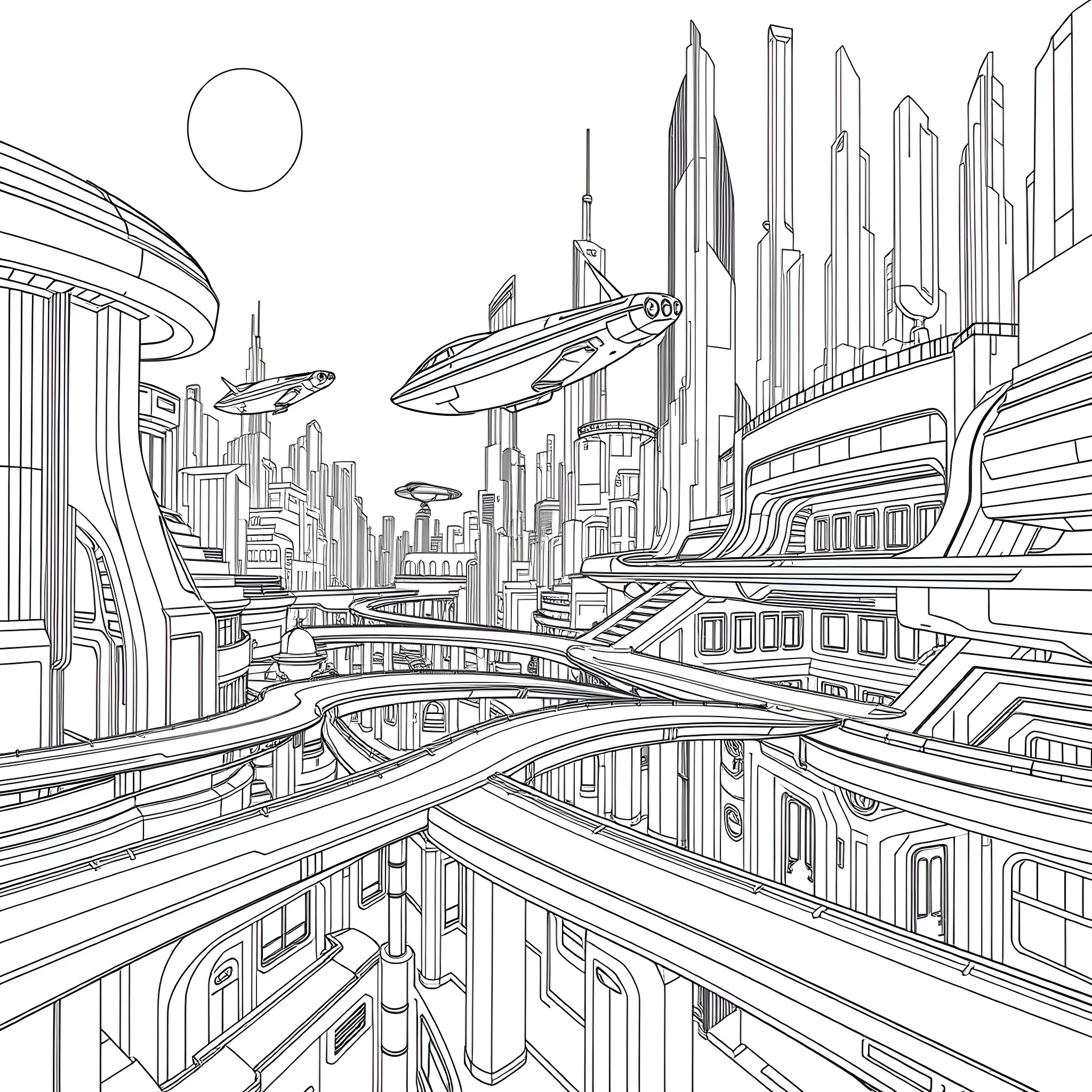 Scene of futuristic city with flying vehicles and skyscrapers Coloring Page (free black-and-white line drawing printable PDF for all, from beginners to advanced learners, including children, teens, adults, and seniors)