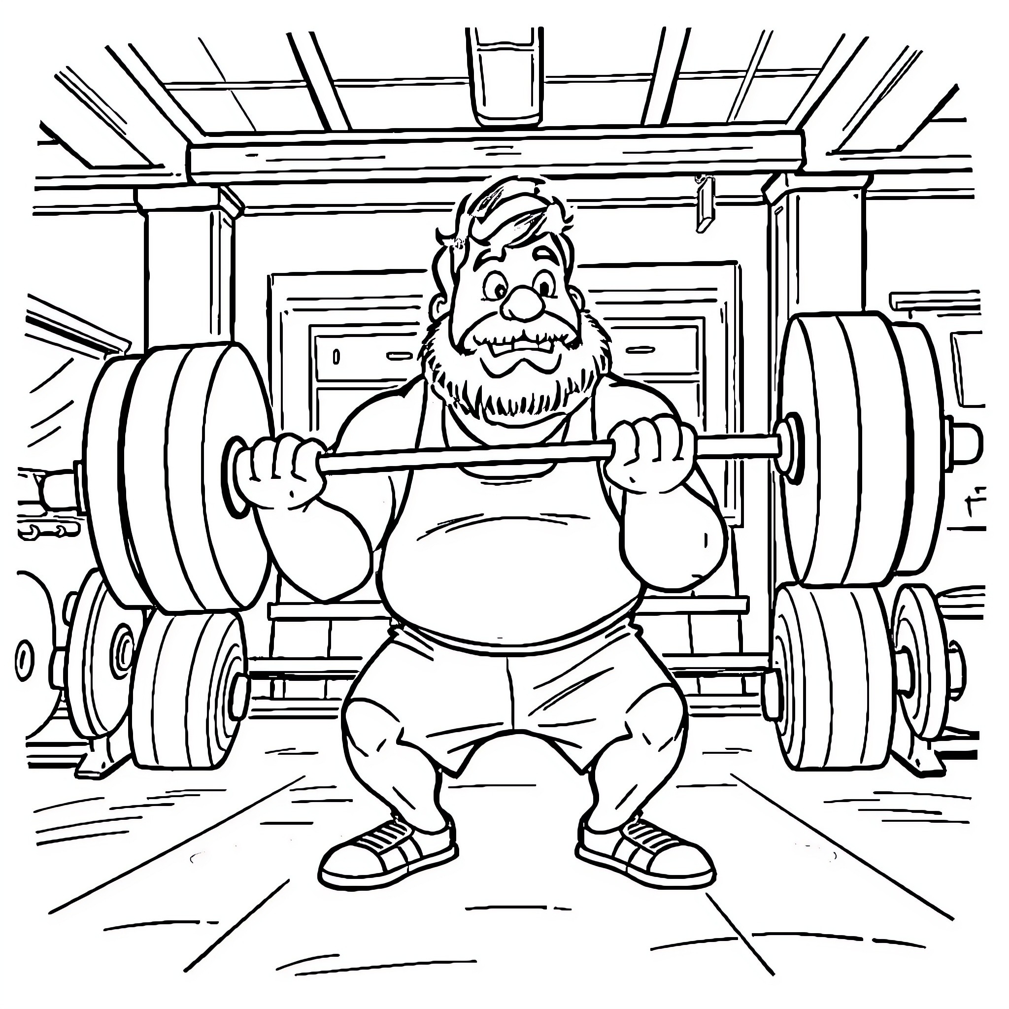 Bob Belcher lifting heavy weights in the gym Coloring Page (free black-and-white line drawing printable PDF for all, from beginners to advanced learners, including children, teens, adults, and seniors)