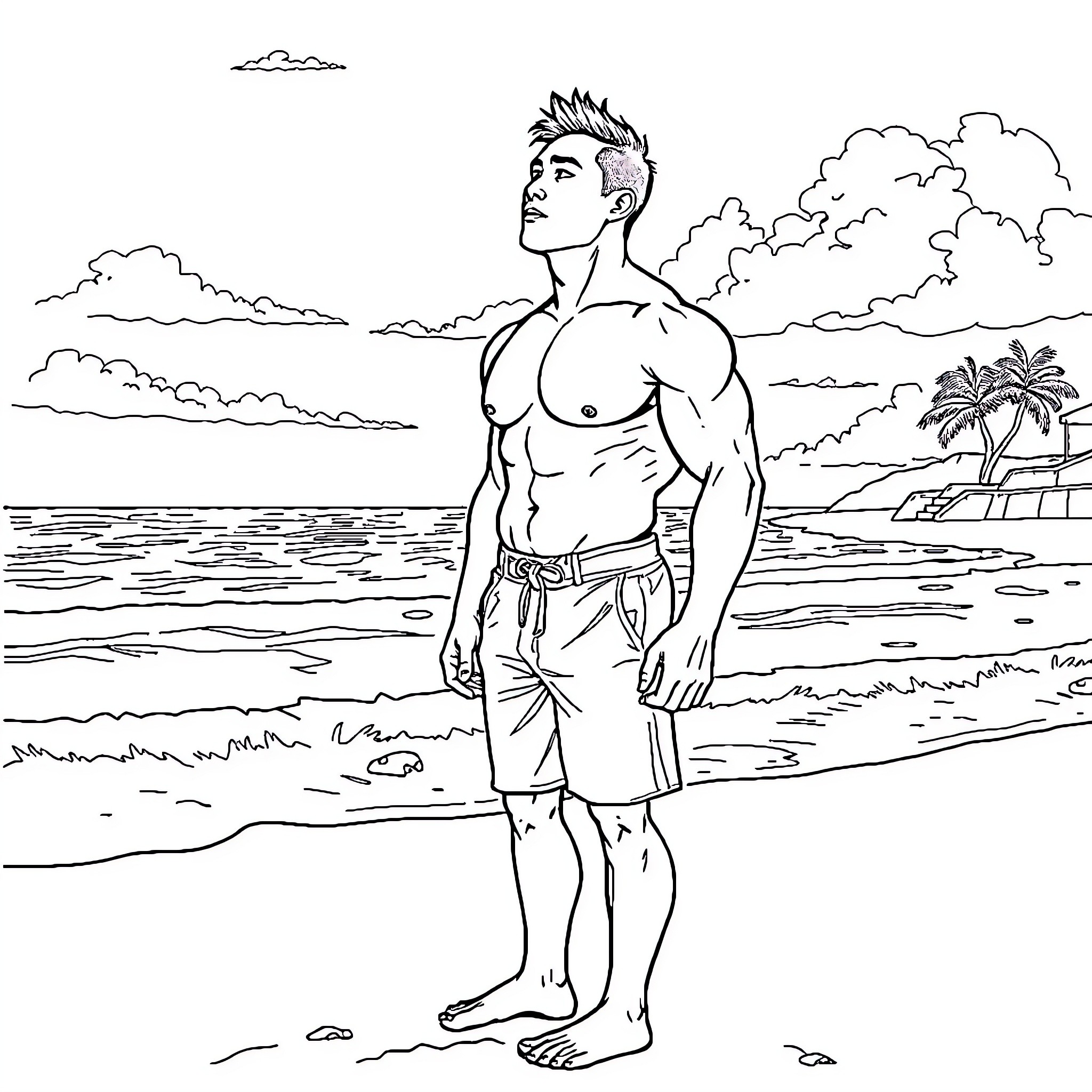 Muscleman posing confidently on the beach Coloring Page (free black-and-white line drawing printable PDF for all, from beginners to advanced learners, including children, teens, adults, and seniors)
