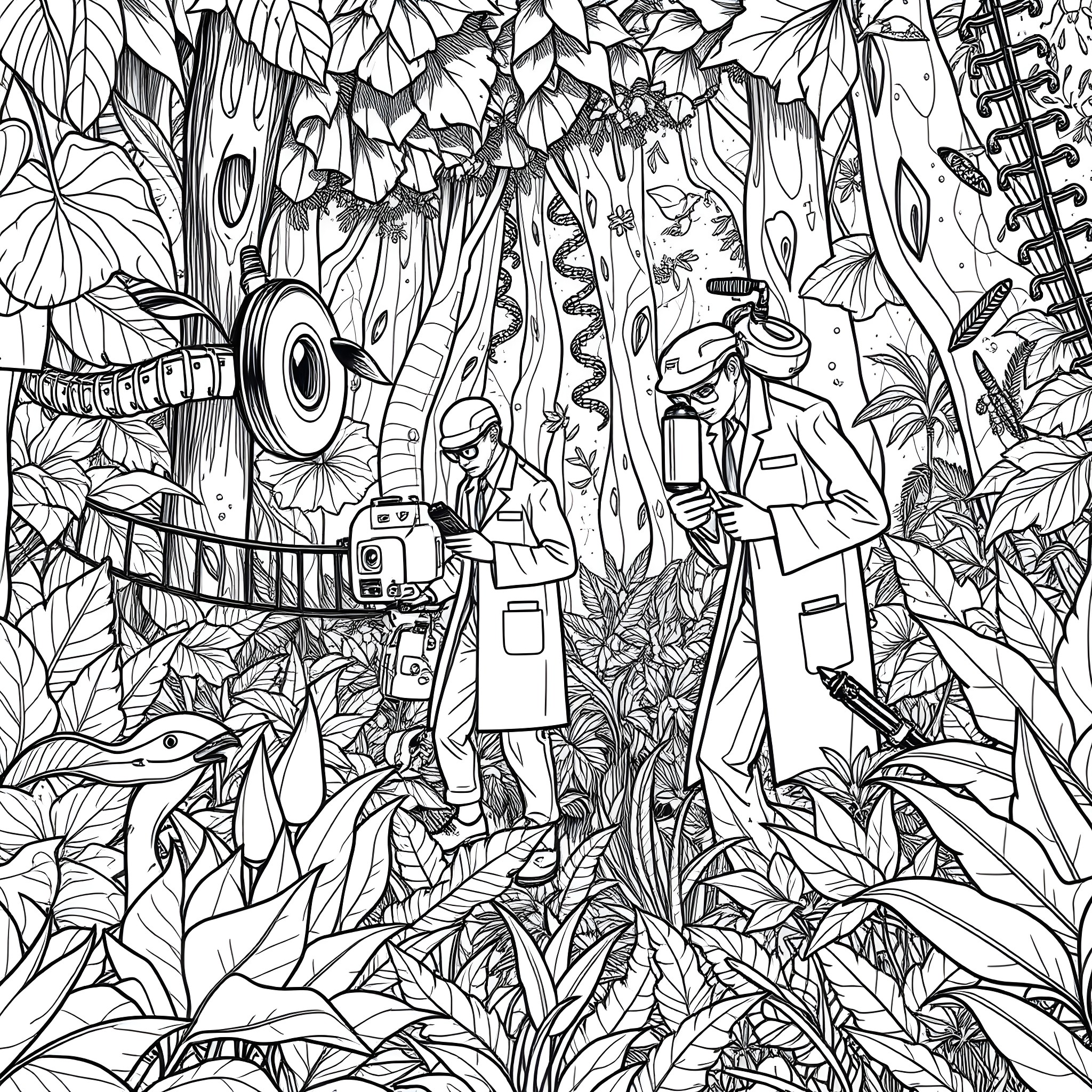 Gene's Eclectic Musical Exploration in the Lush Jungle Coloring Page (free black-and-white line drawing printable PDF for all, from beginners to advanced learners, including children, teens, adults, and seniors)