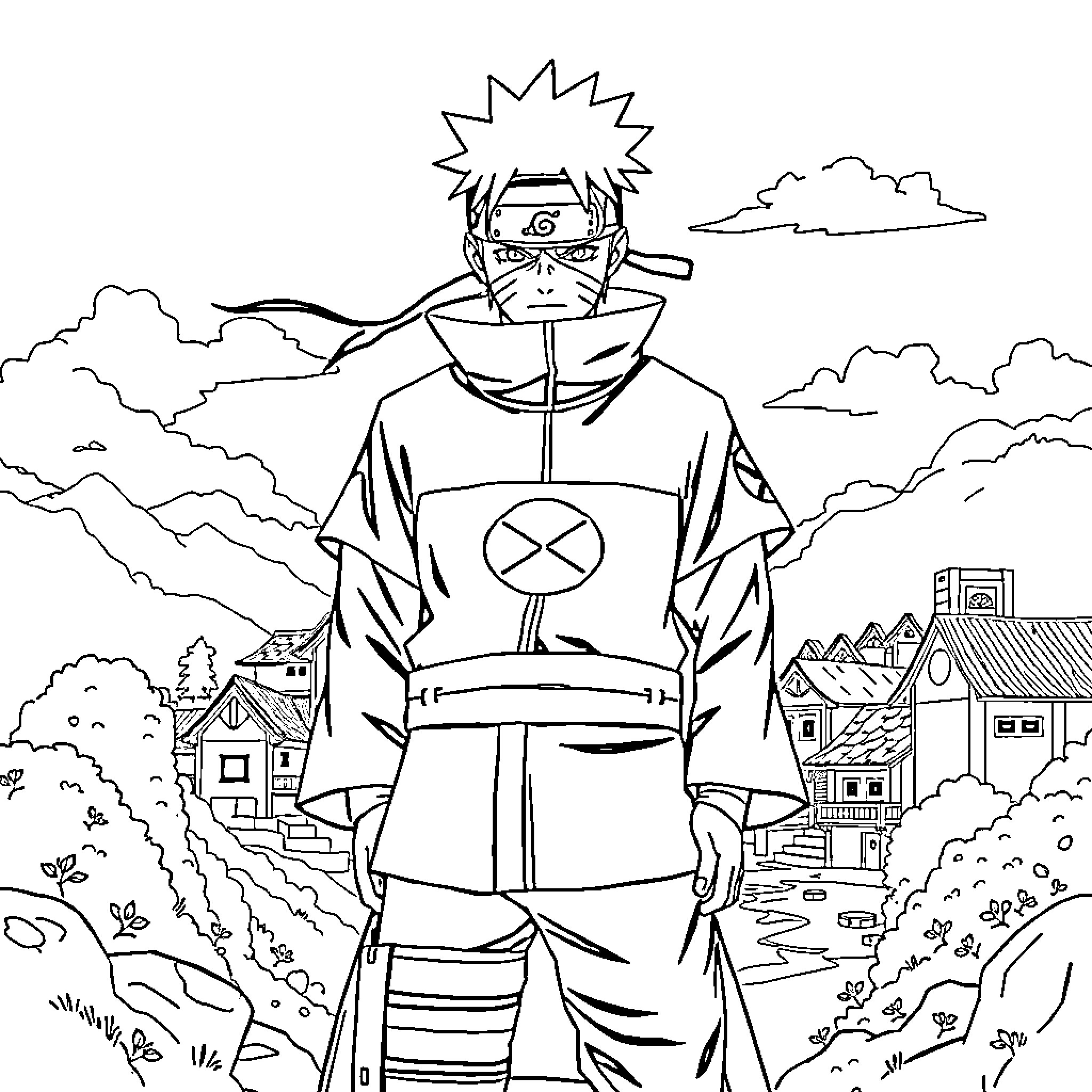Naruto protagonist in ninja outfit stands in village Coloring Page (free black-and-white line drawing printable PDF for all, from beginners to advanced learners, including children, teens, adults, and seniors)