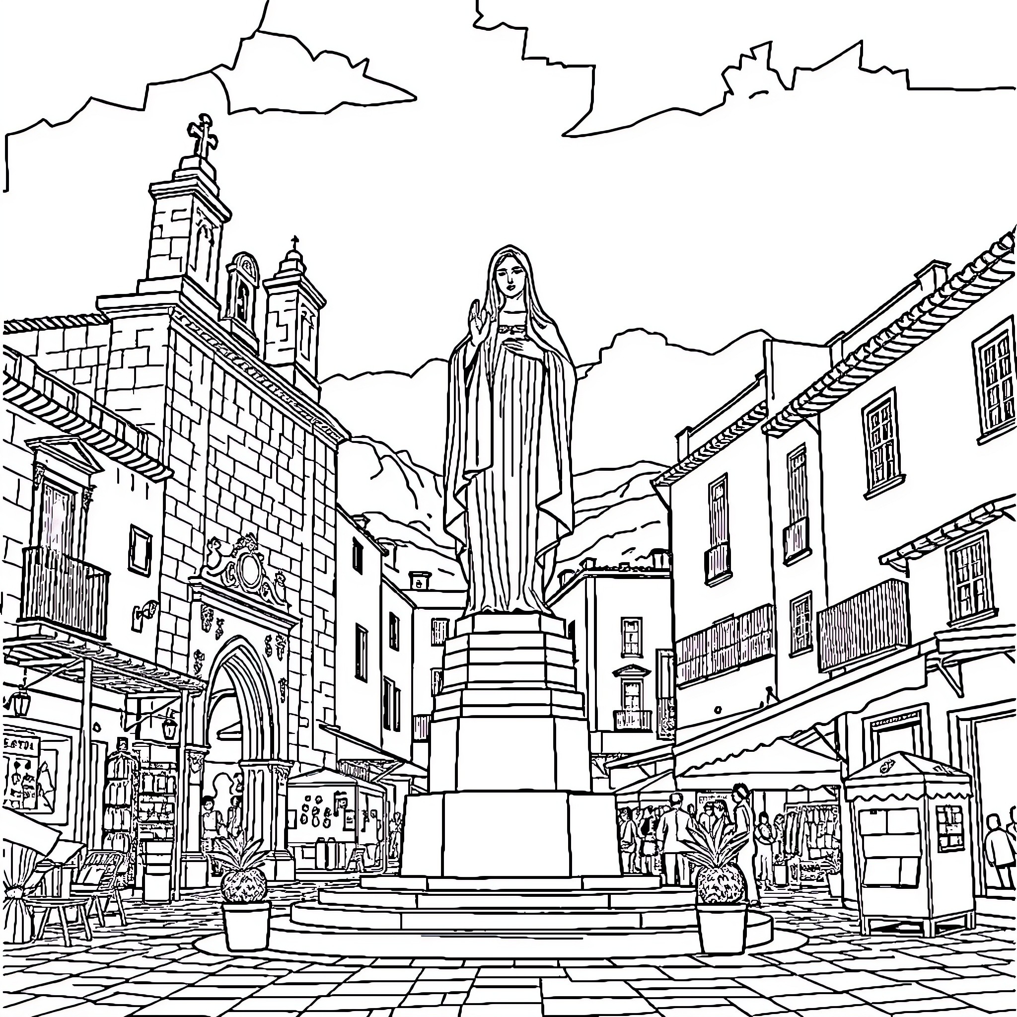 Santa Rosa: Religious Statue in Historic Town Square Coloring Page (free black-and-white line drawing printable PDF for all, from beginners to advanced learners, including children, teens, adults, and seniors)