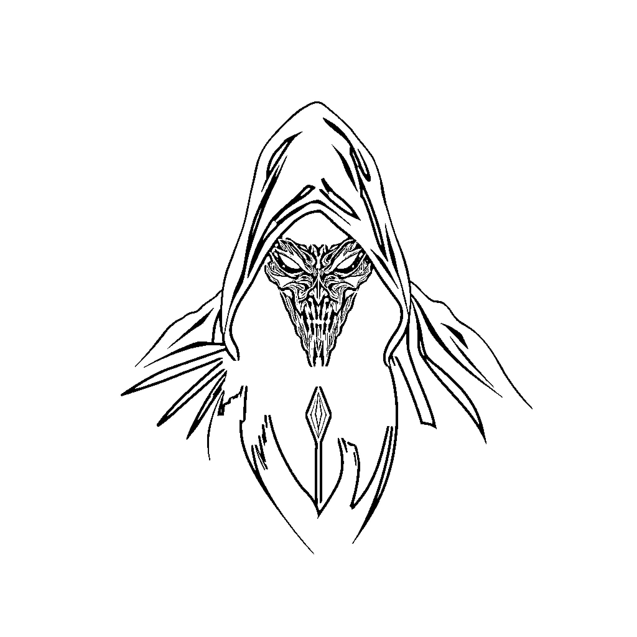 Untitled Monochrome Demonic Visage Coloring Page (free black-and-white line drawing printable PDF for all, from beginners to advanced learners, including children, teens, adults, and seniors)