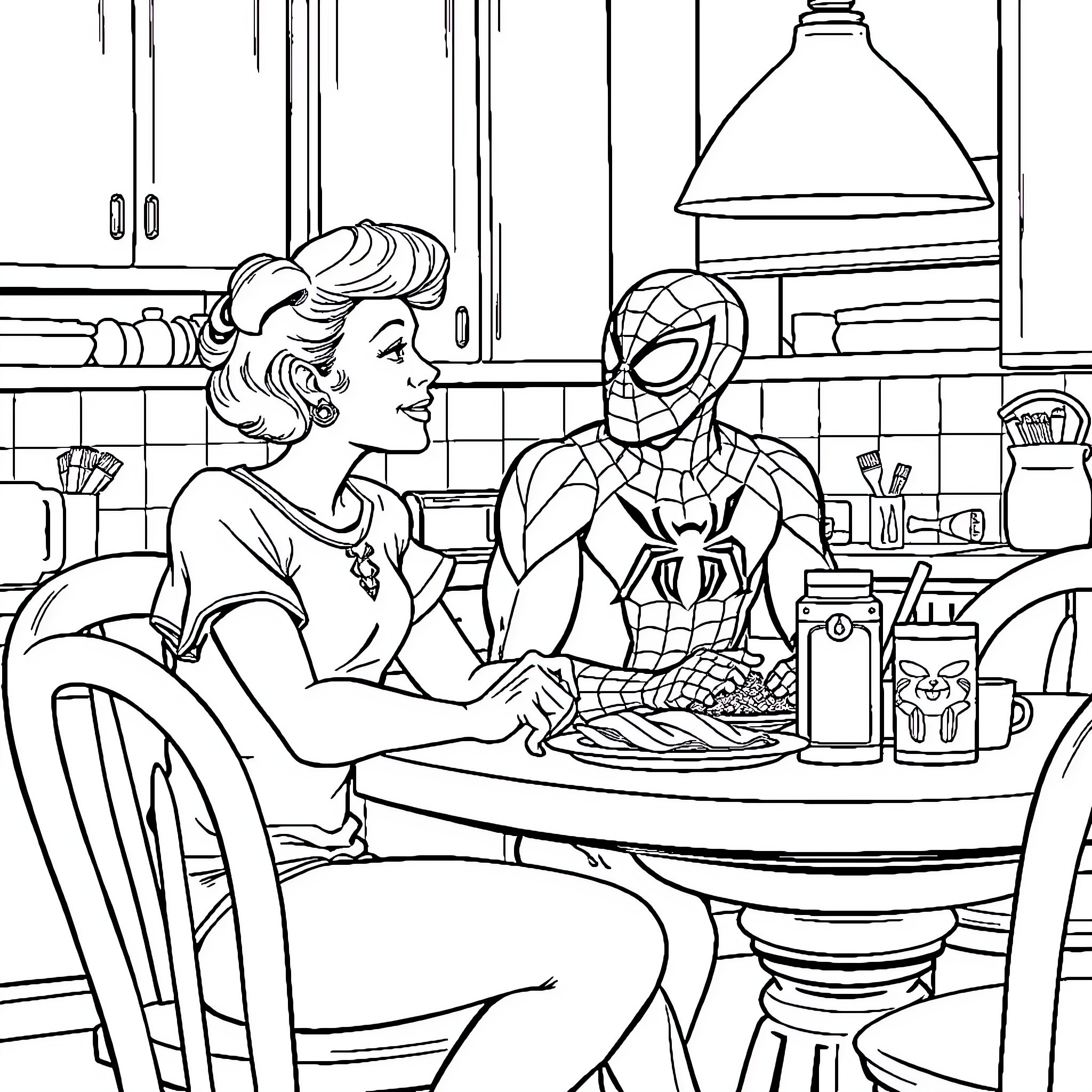 Spider-Man Enjoys Breakfast with a Friend Coloring Page (free black-and-white line drawing printable PDF for all, from beginners to advanced learners, including children, teens, adults, and seniors)