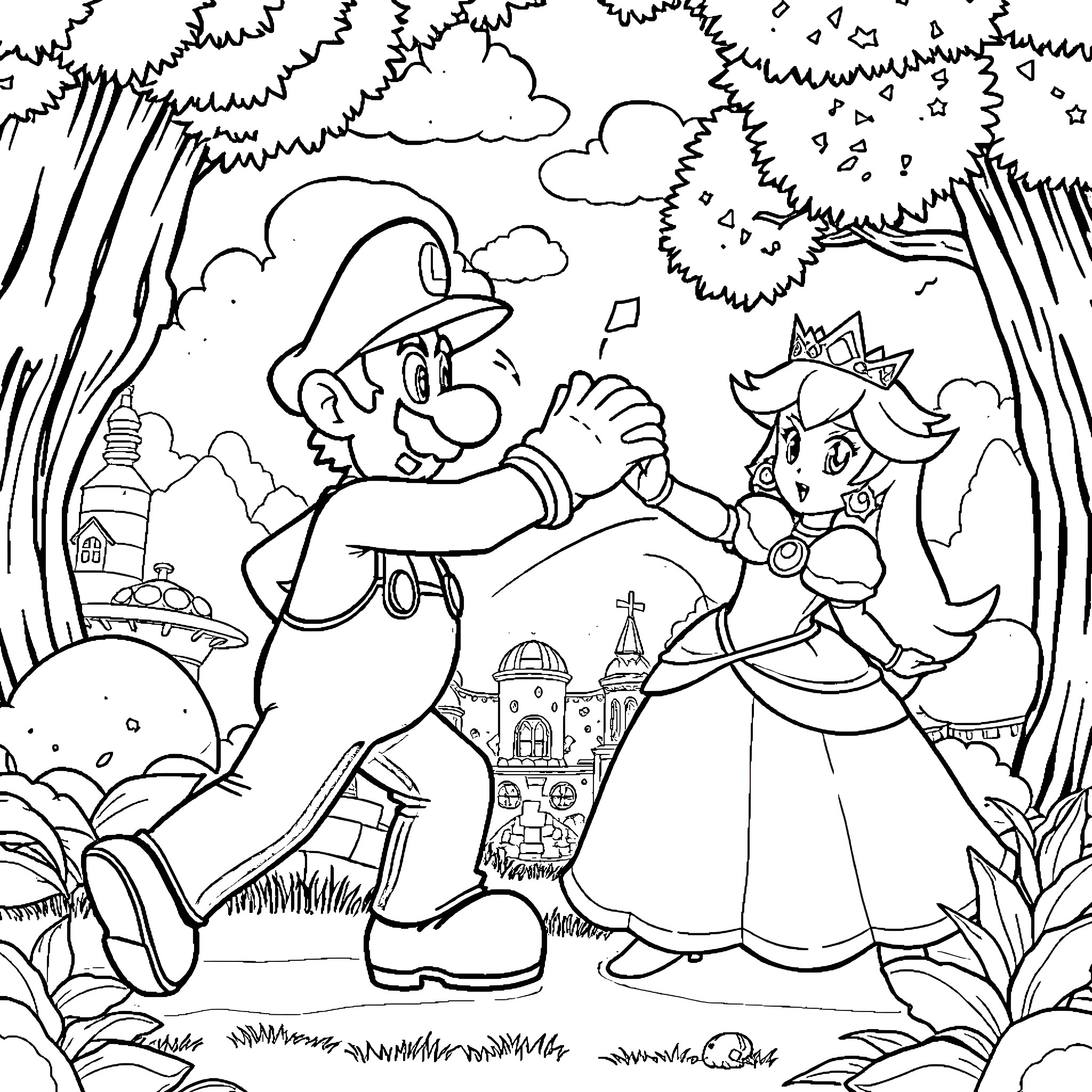 Luigi's Adventure with Princess Peach in the Enchanted Forest Coloring Page (free black-and-white line drawing printable PDF for all, from beginners to advanced learners, including children, teens, adults, and seniors)