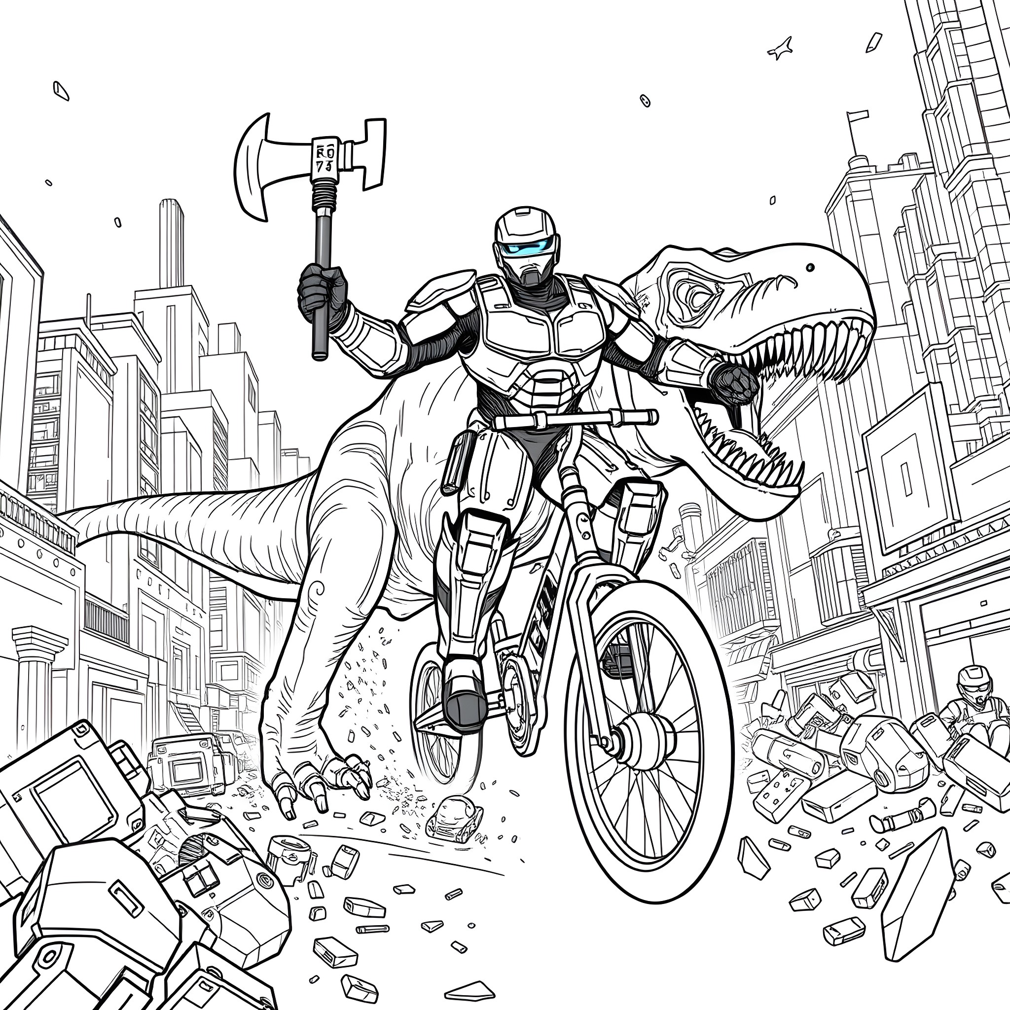 Robocop in futuristic action against cityscape backdrop Coloring Page (free black-and-white line drawing printable PDF for all, from beginners to advanced learners, including children, teens, adults, and seniors)