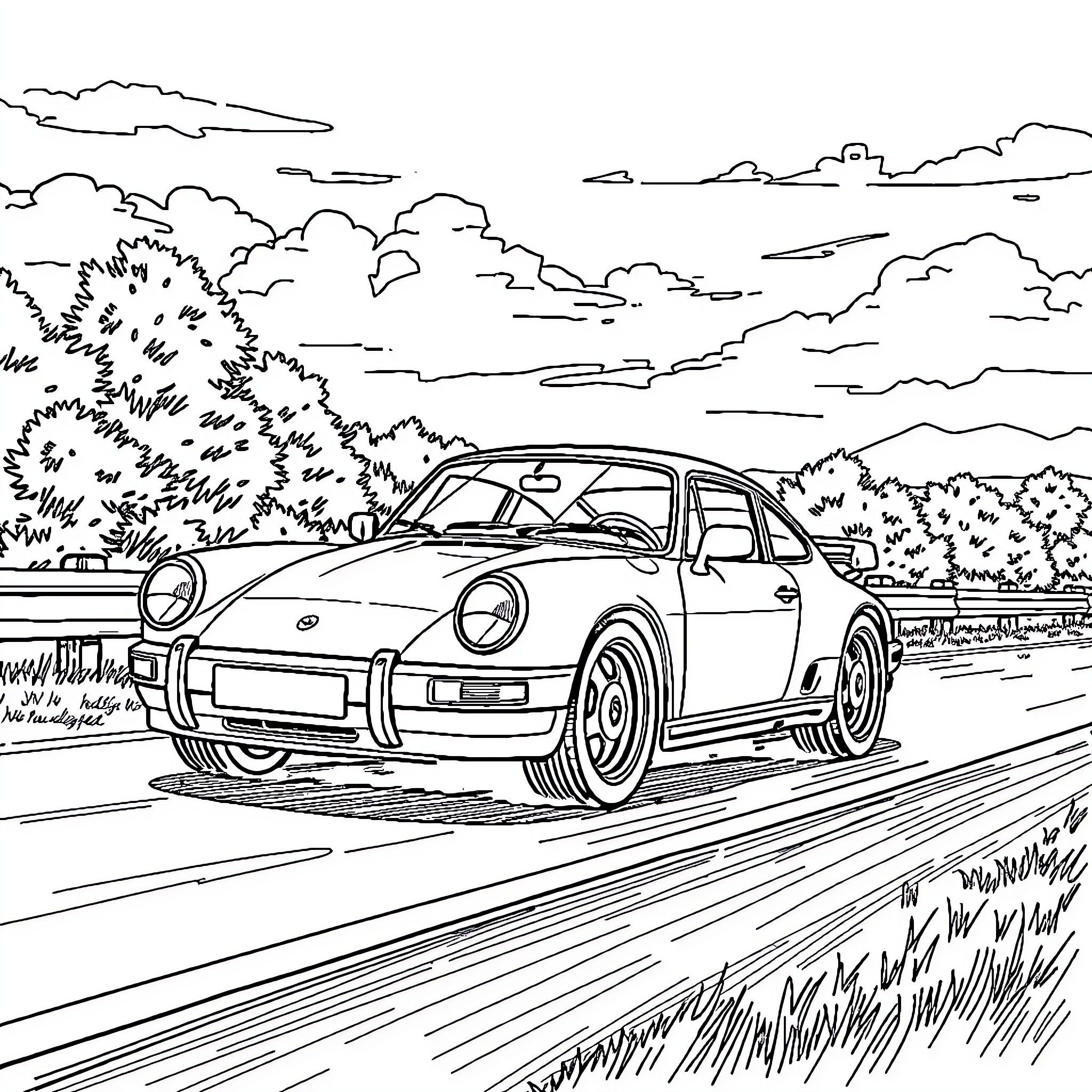 Car speeding through the countryside landscape Coloring Page (free black-and-white line drawing printable PDF for all, from beginners to advanced learners, including children, teens, adults, and seniors)