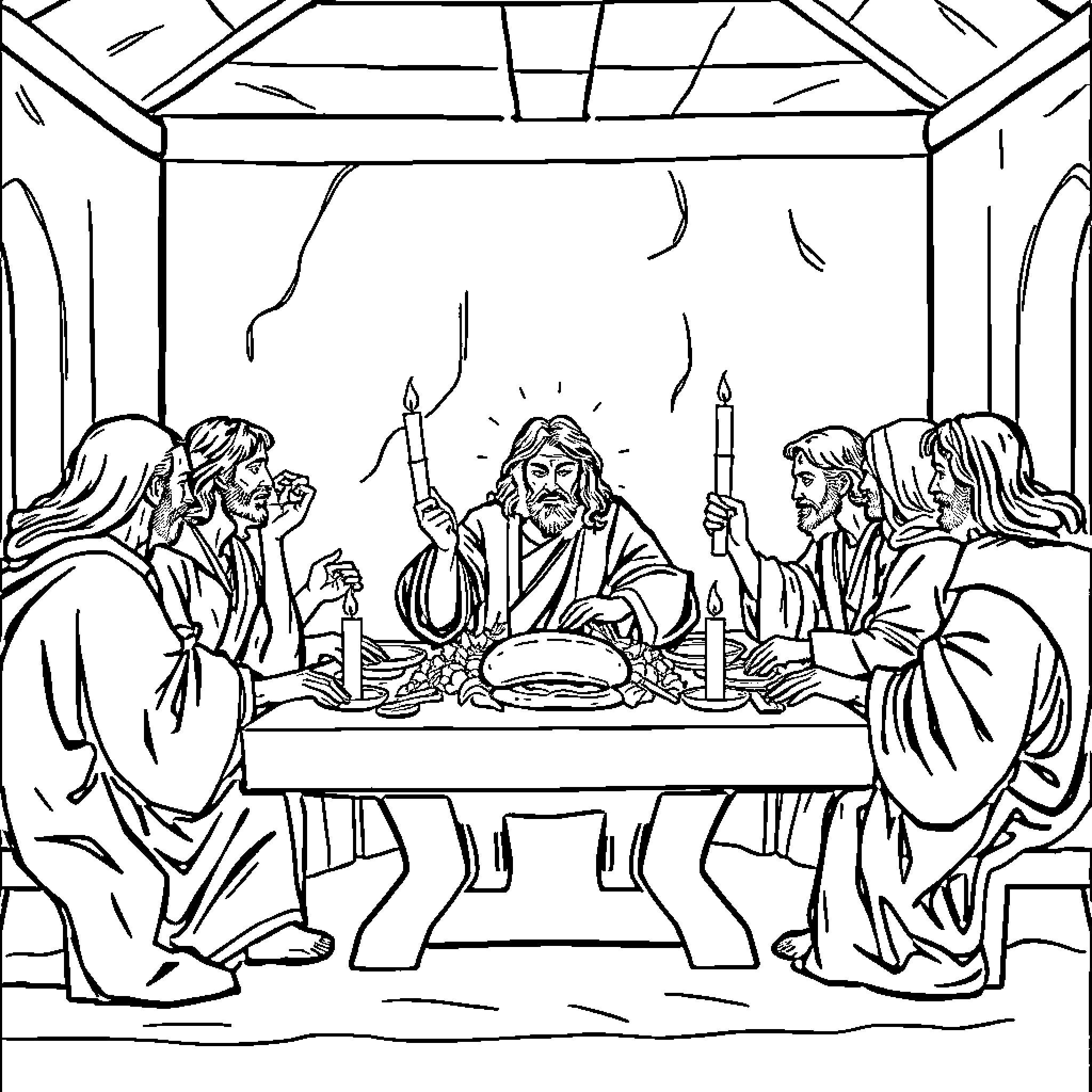 Jesus sharing a meal with his disciples Coloring Page (free black-and-white line drawing printable PDF for all, from beginners to advanced learners, including children, teens, adults, and seniors)