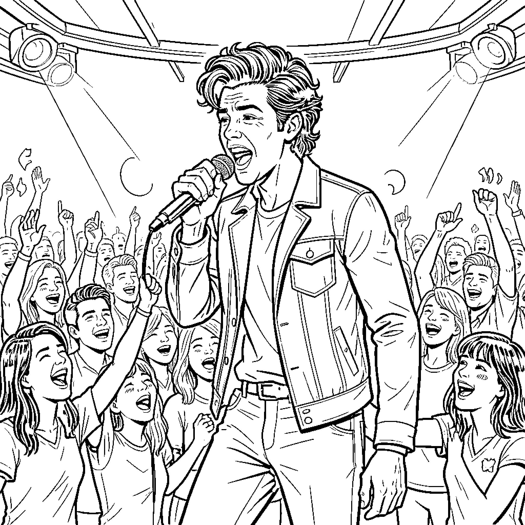 Harry Styles singing enthusiastically into a microphone on stage Coloring Page (free black-and-white line drawing printable PDF for all, from beginners to advanced learners, including children, teens, adults, and seniors)