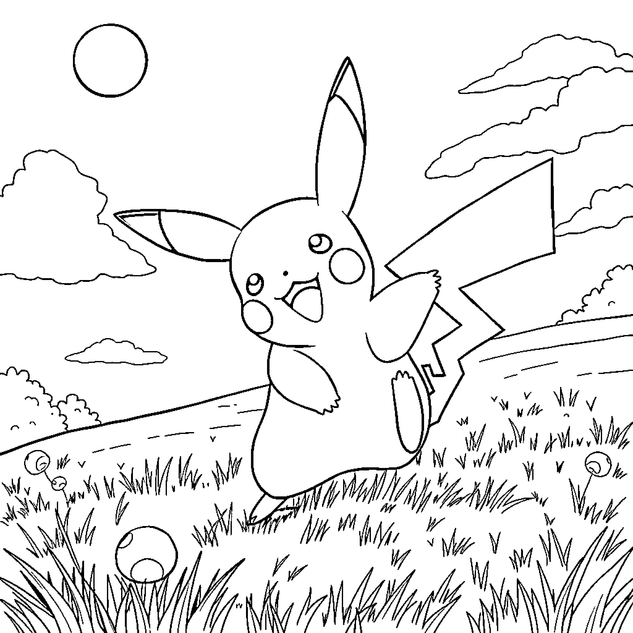 Pikachu enjoying the great outdoors Coloring Page (free black-and-white line drawing printable PDF for all, from beginners to advanced learners, including children, teens, adults, and seniors)