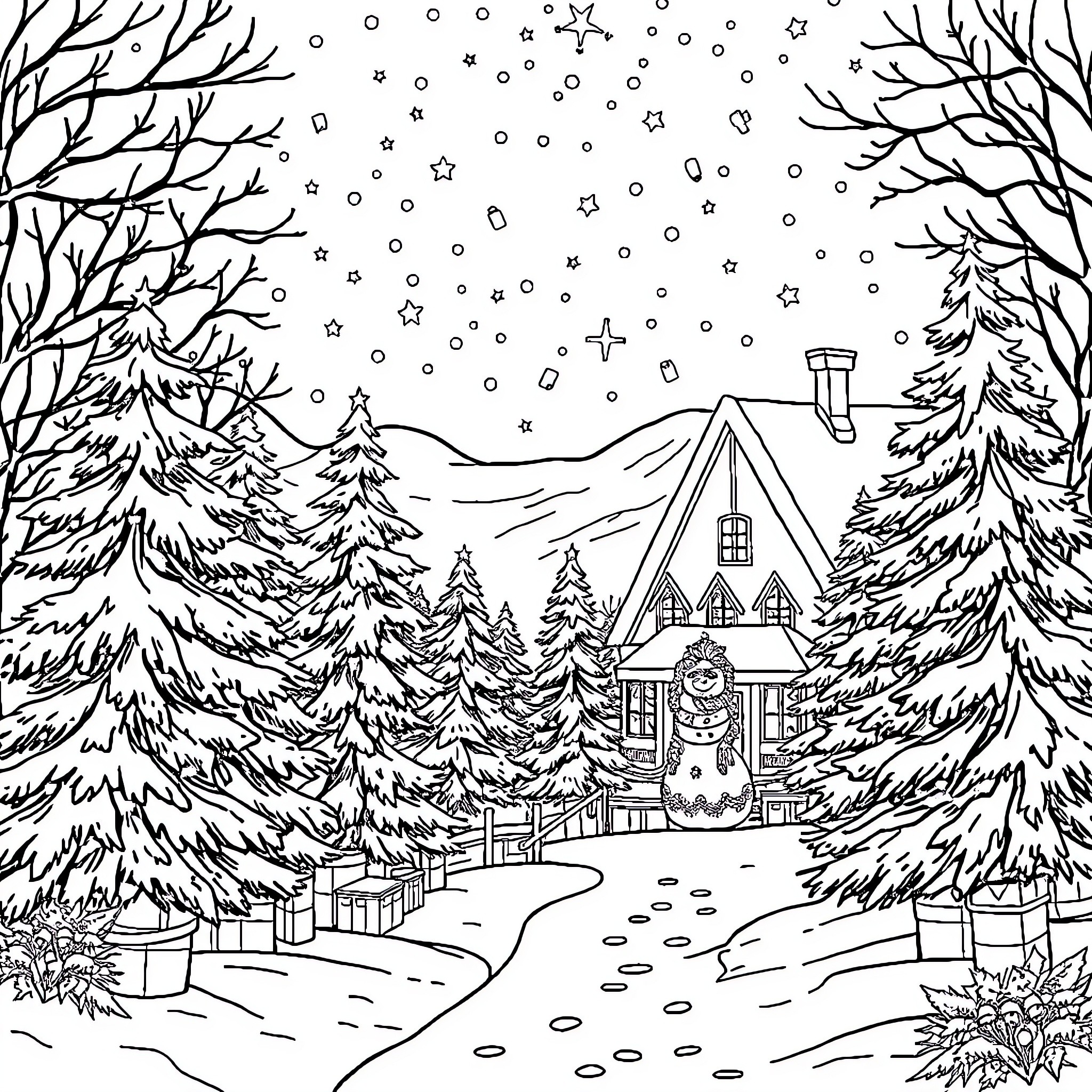 Christmas Landscape with Snowy Cottage and Forest Coloring Page (free black-and-white line drawing printable PDF for all, from beginners to advanced learners, including children, teens, adults, and seniors)