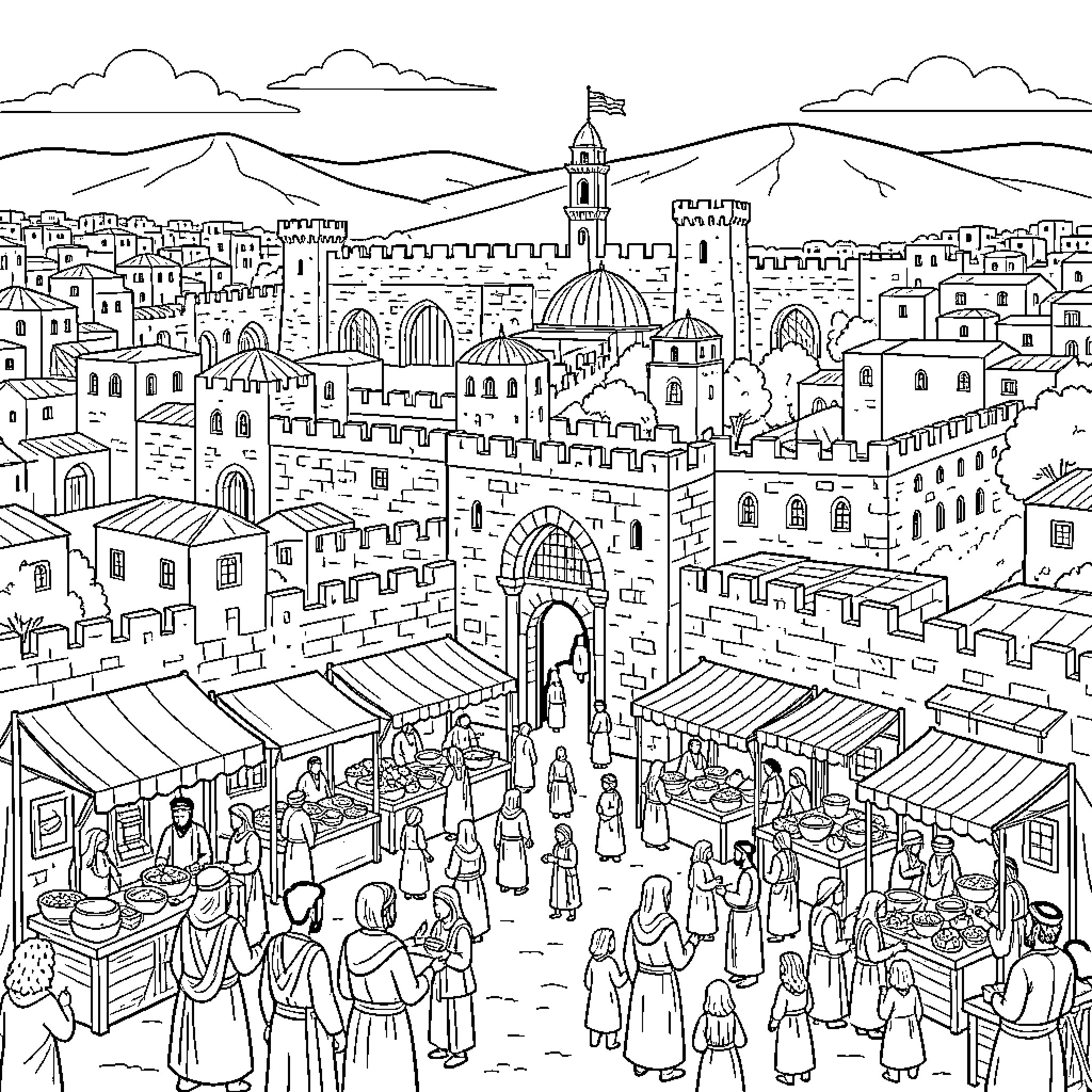 Jerusalem bustling with lively marketplace and architectural splendor Coloring Page (free black-and-white line drawing printable PDF for all, from beginners to advanced learners, including children, teens, adults, and seniors)