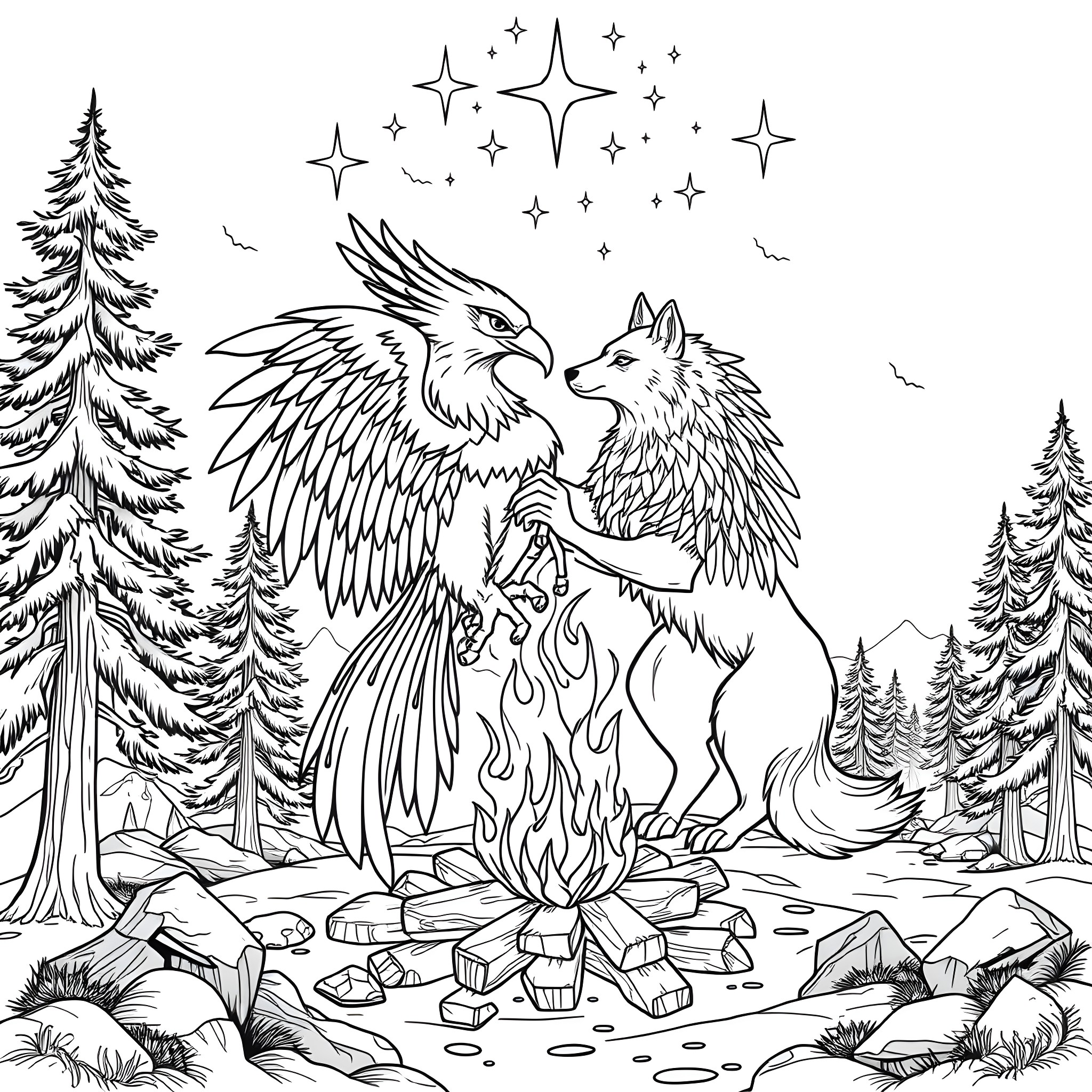 Thunderbird soaring over a campfire with a wolf Coloring Page (free black-and-white line drawing printable PDF for all, from beginners to advanced learners, including children, teens, adults, and seniors)