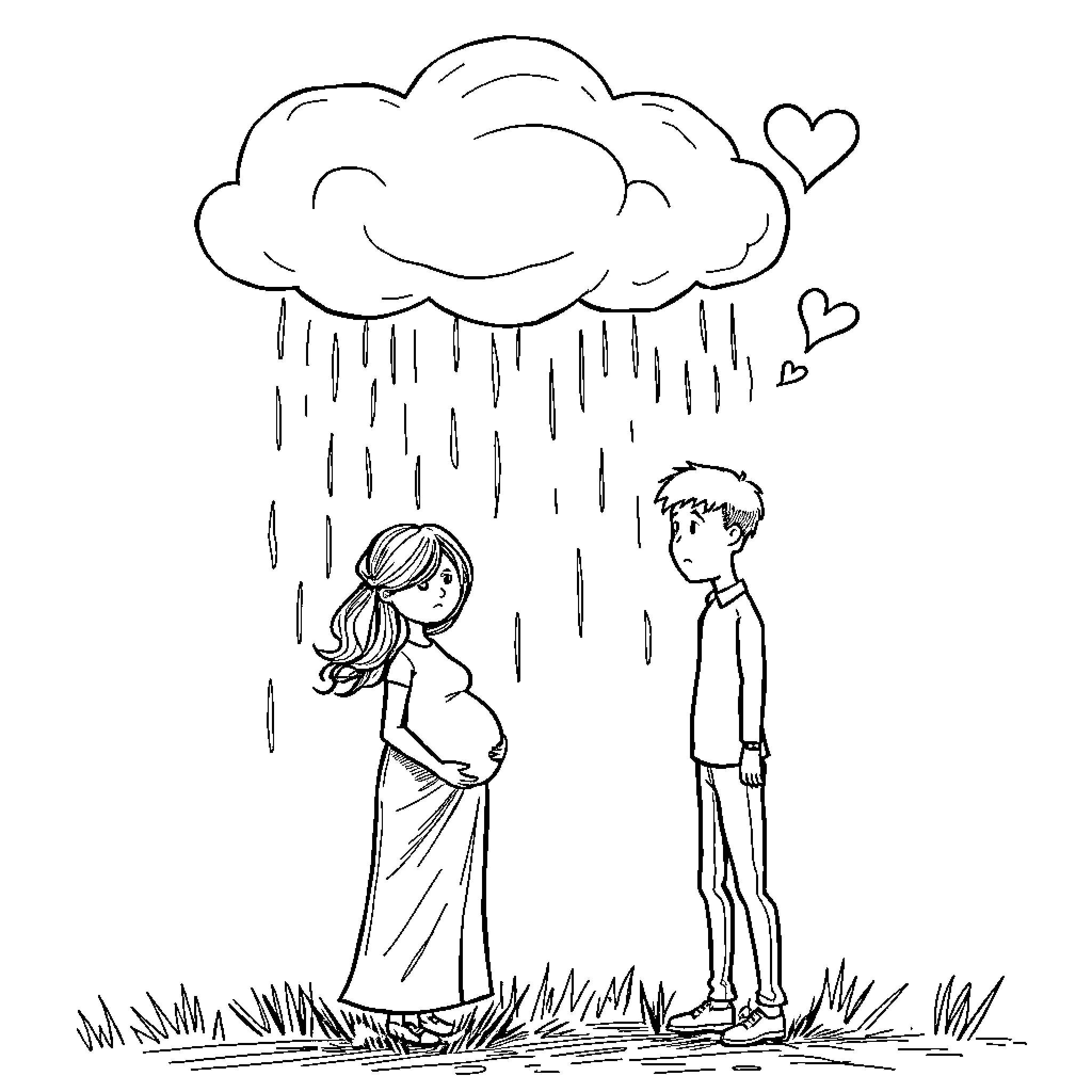 Mummy and Daddy standing in the rain under a cloudy sky Coloring Page (free black-and-white line drawing printable PDF for all, from beginners to advanced learners, including children, teens, adults, and seniors)