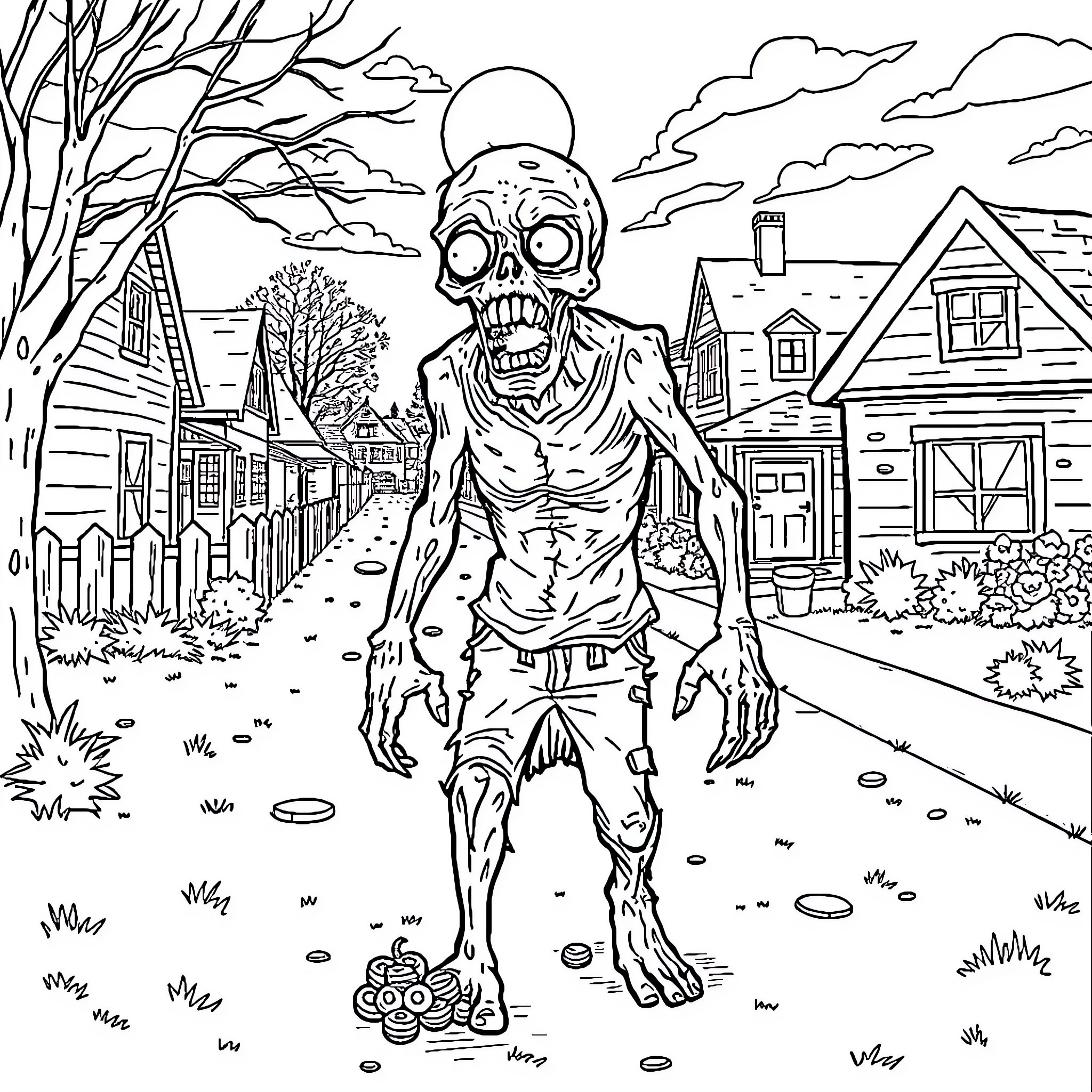 Zombie Lurking Through Desolate Neighborhood Coloring Page (free black-and-white line drawing printable PDF for all, from beginners to advanced learners, including children, teens, adults, and seniors)