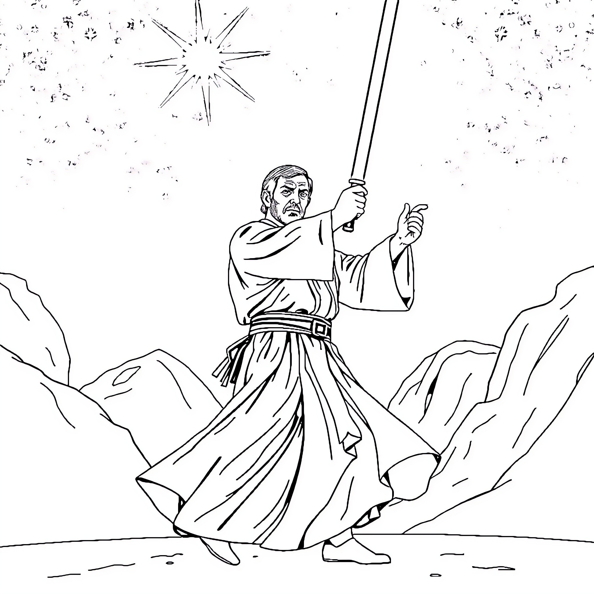 Obi-Wan Kenobi's Heroic Stance in the Desert Coloring Page (free black-and-white line drawing printable PDF for all, from beginners to advanced learners, including children, teens, adults, and seniors)