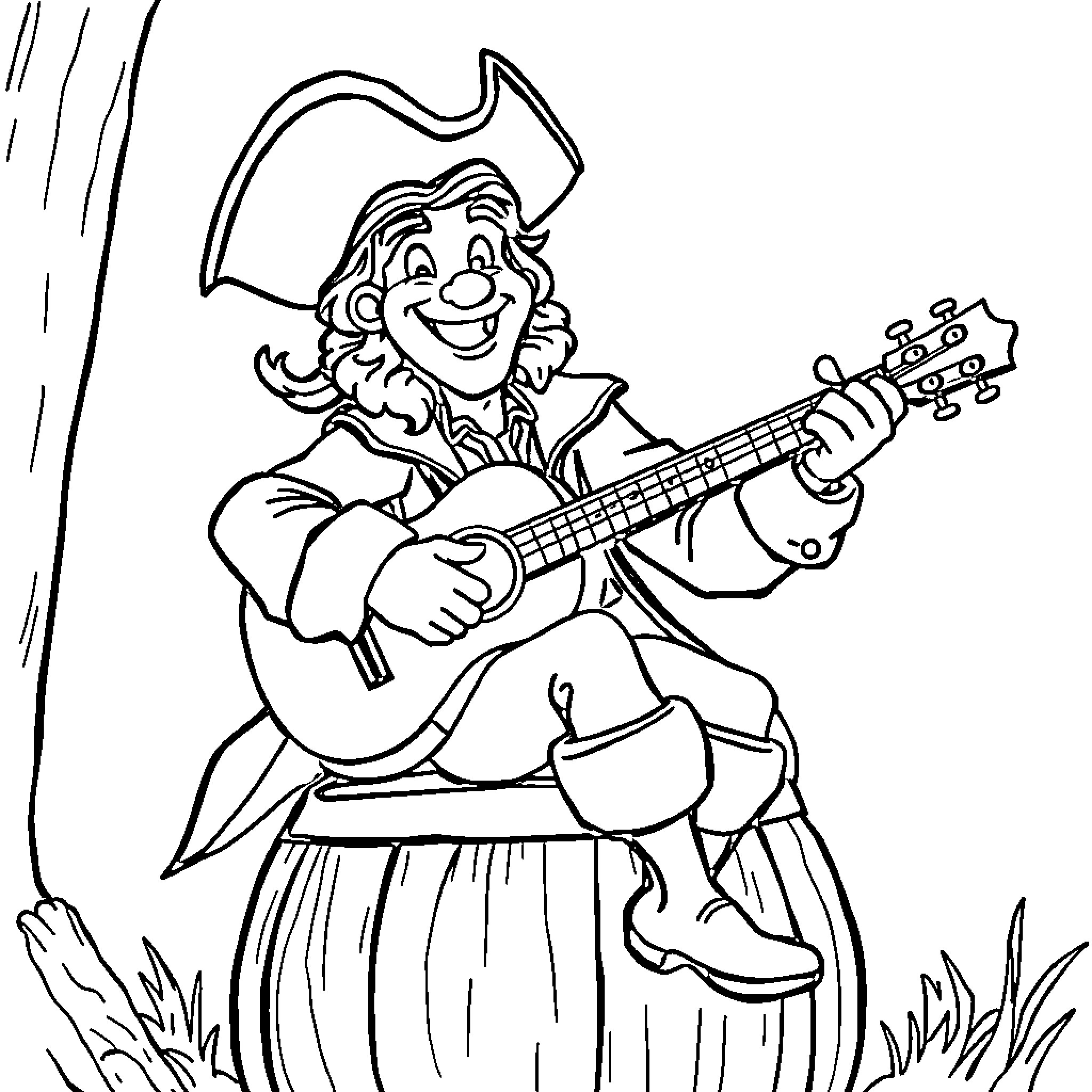 Captain Hook smiling while playing a musical instrument Coloring Page (free black-and-white line drawing printable PDF for all, from beginners to advanced learners, including children, teens, adults, and seniors)
