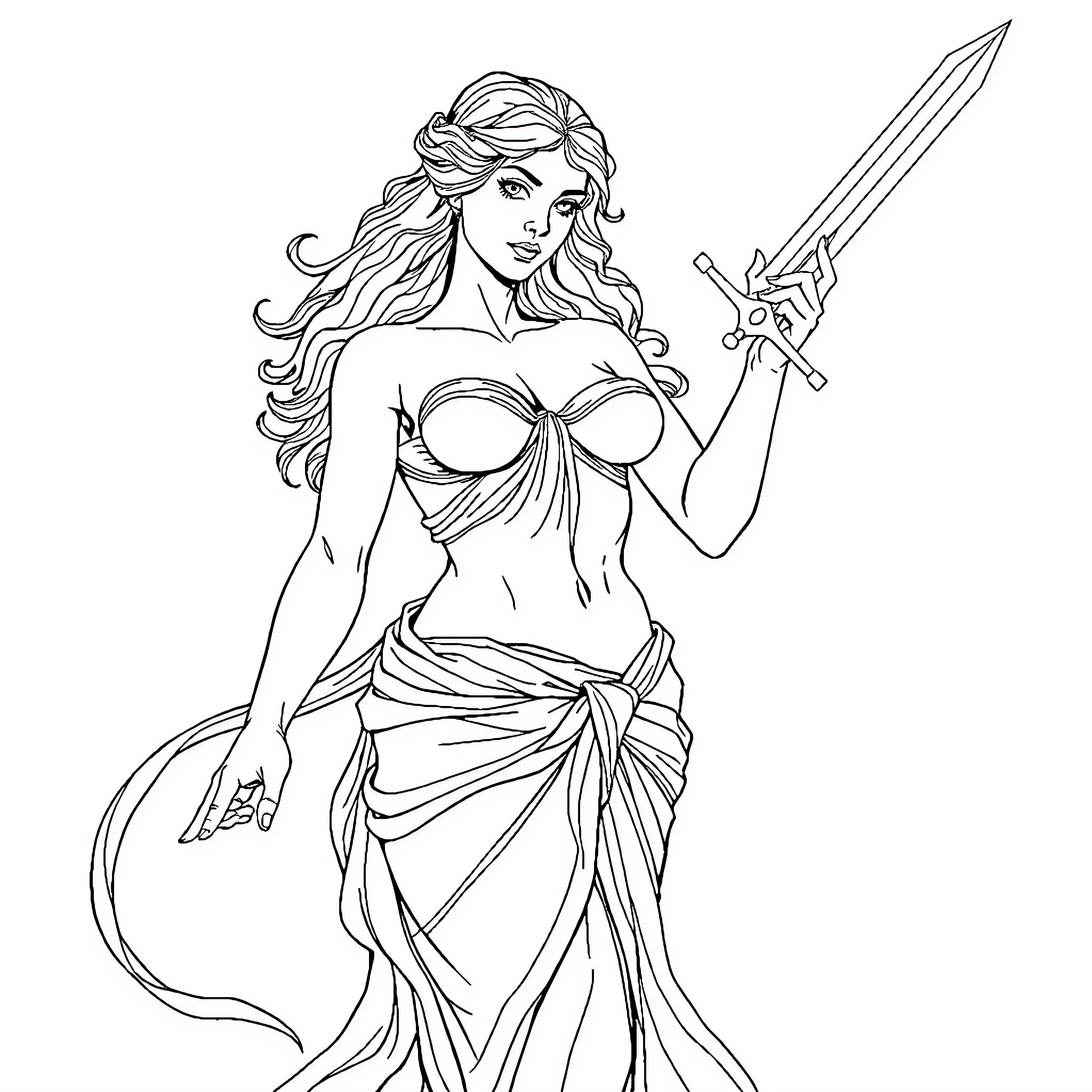 Sailor Venus wielding a powerful sword in a dramatic pose Coloring Page (free black-and-white line drawing printable PDF for all, from beginners to advanced learners, including children, teens, adults, and seniors)
