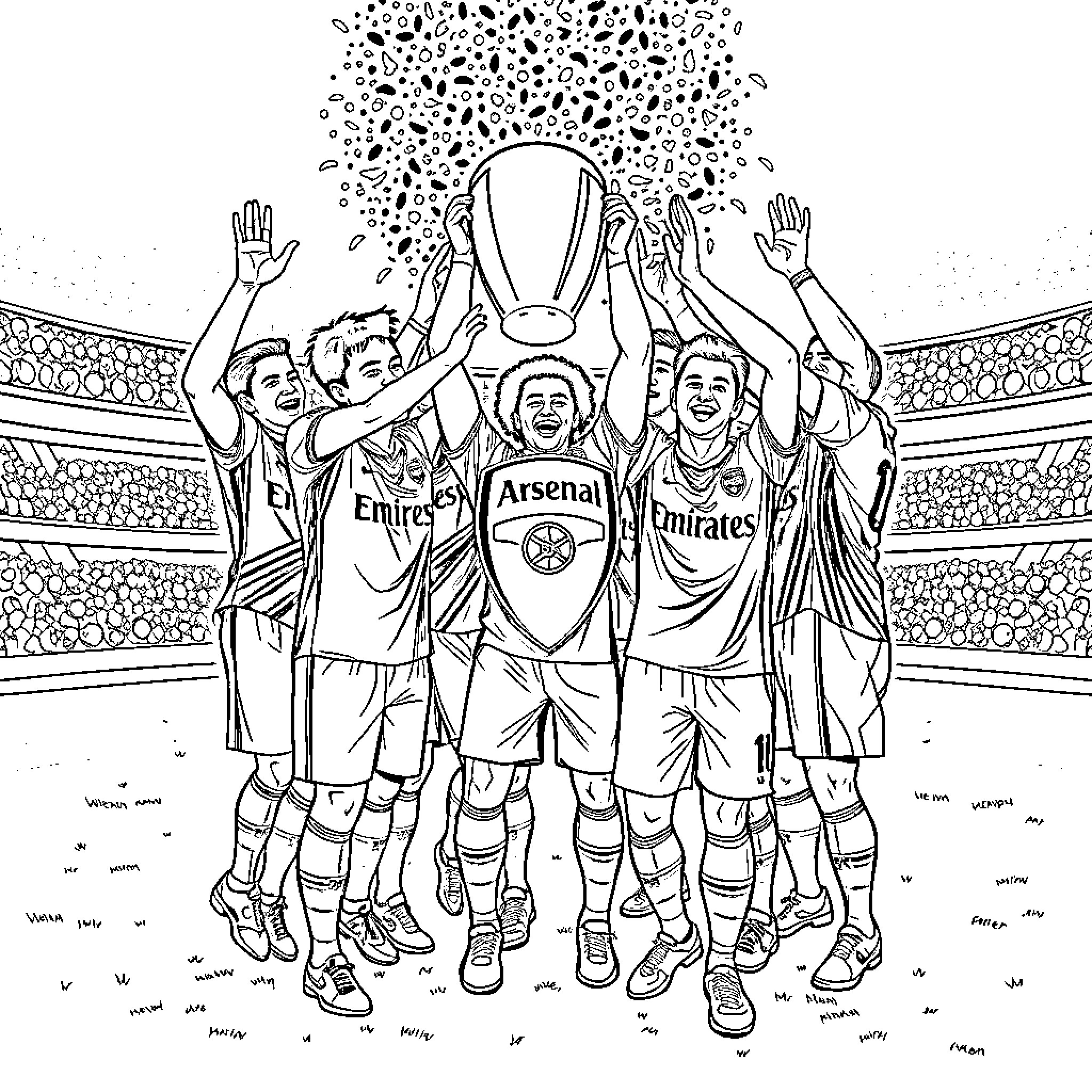 Arsenal players celebrating trophy win in stadium Coloring Page (free black-and-white line drawing printable PDF for all, from beginners to advanced learners, including children, teens, adults, and seniors)